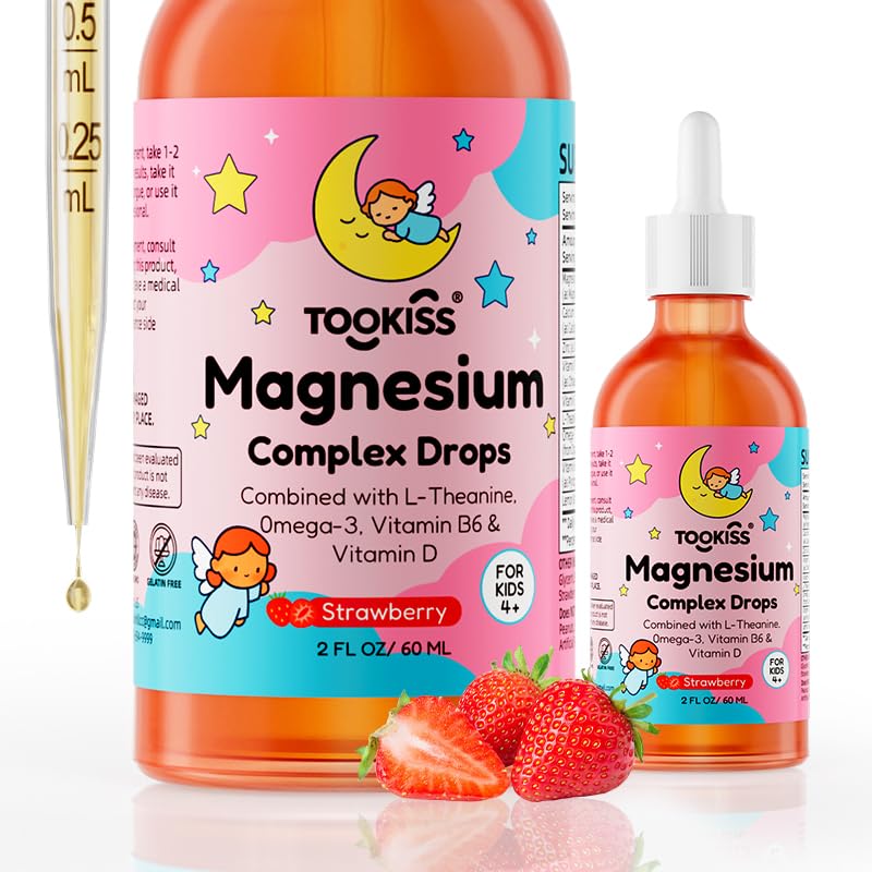 Tookiss magnesium drops for kids bottle shown, promotes gentle daily calm and focus.