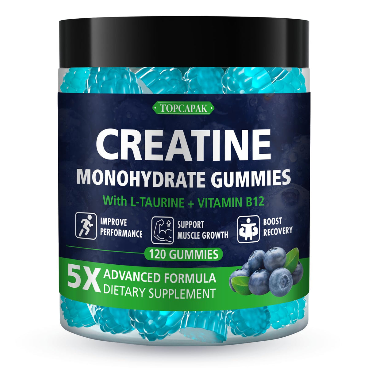 TOPCAPAK Creatine Gummies in blueberry flavor in bottle for easy workouts