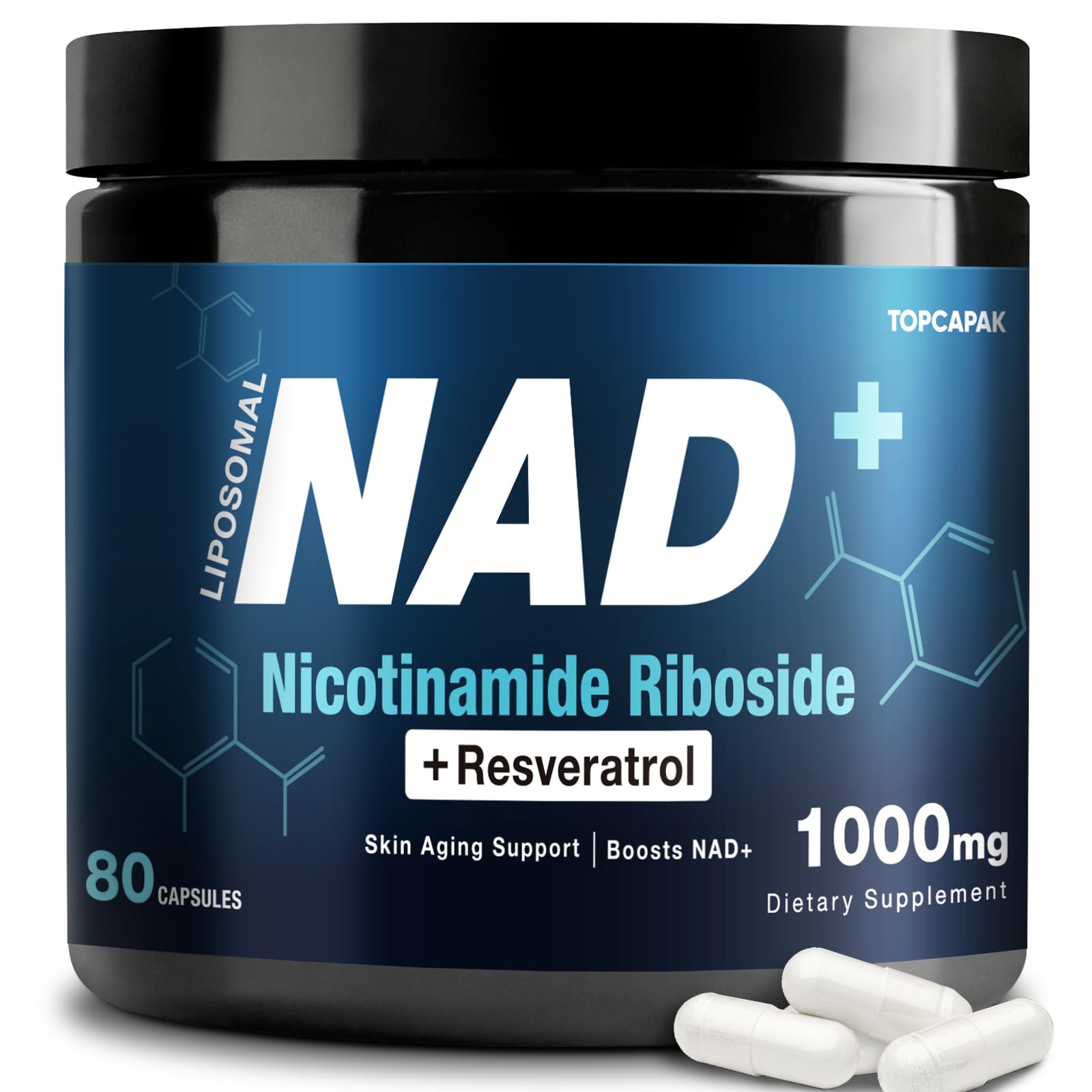 TOPCAPAK NAD+ 1000mg bottle front view for potential healthy aging