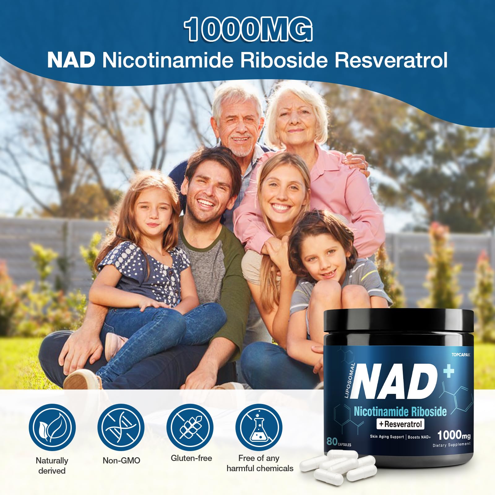 TOPCAPAK NAD+ 1000mg bottle with glass to convey premium packaging