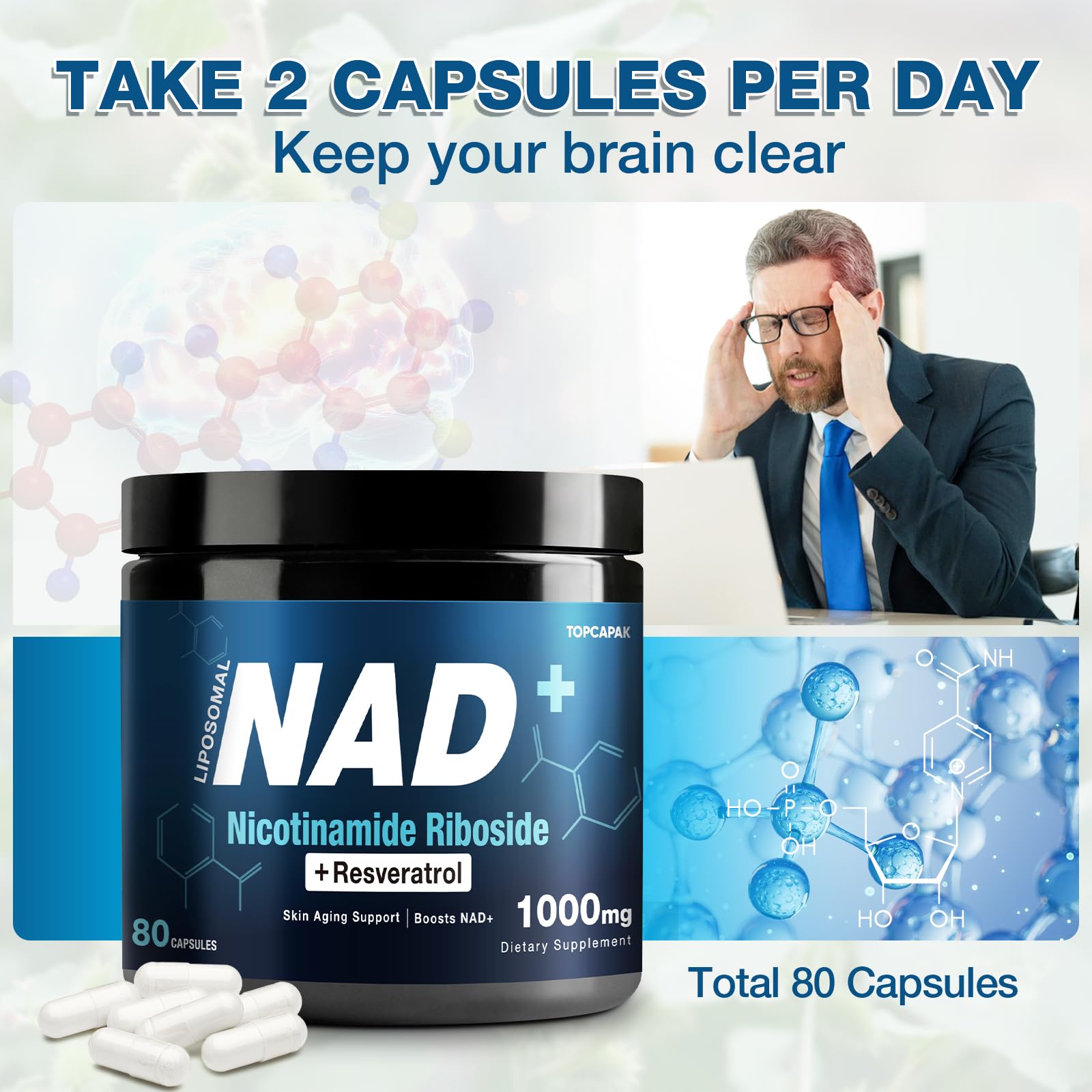 TOPCAPAK NAD+ 1000mg liposomal technology graphic hints at enhanced absorption potential