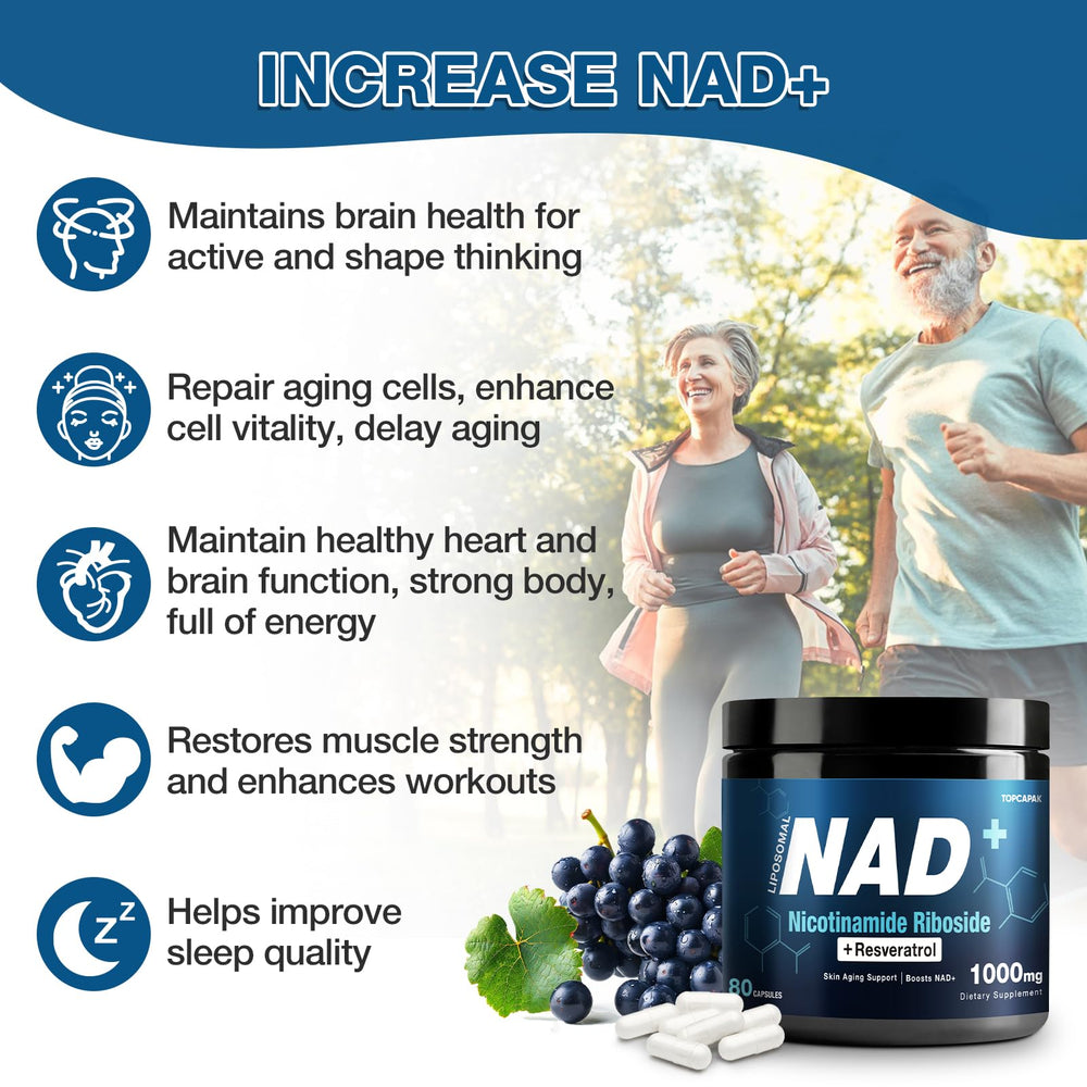 TOPCAPAK NAD+ 1000mg outer packaging box design communicates purity and non-GMO ingredients