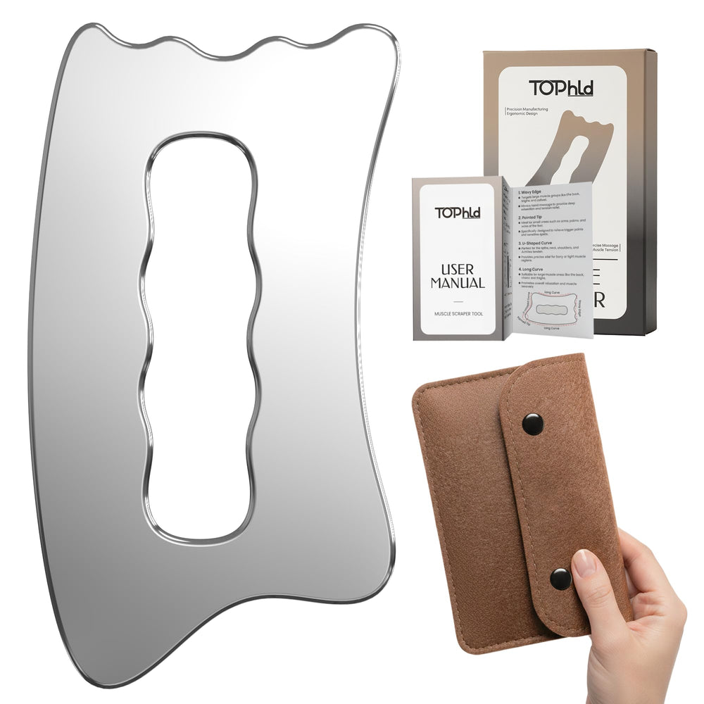 TOPhld muscle scraper tool front view in stainless steel for versatile myofascial release.