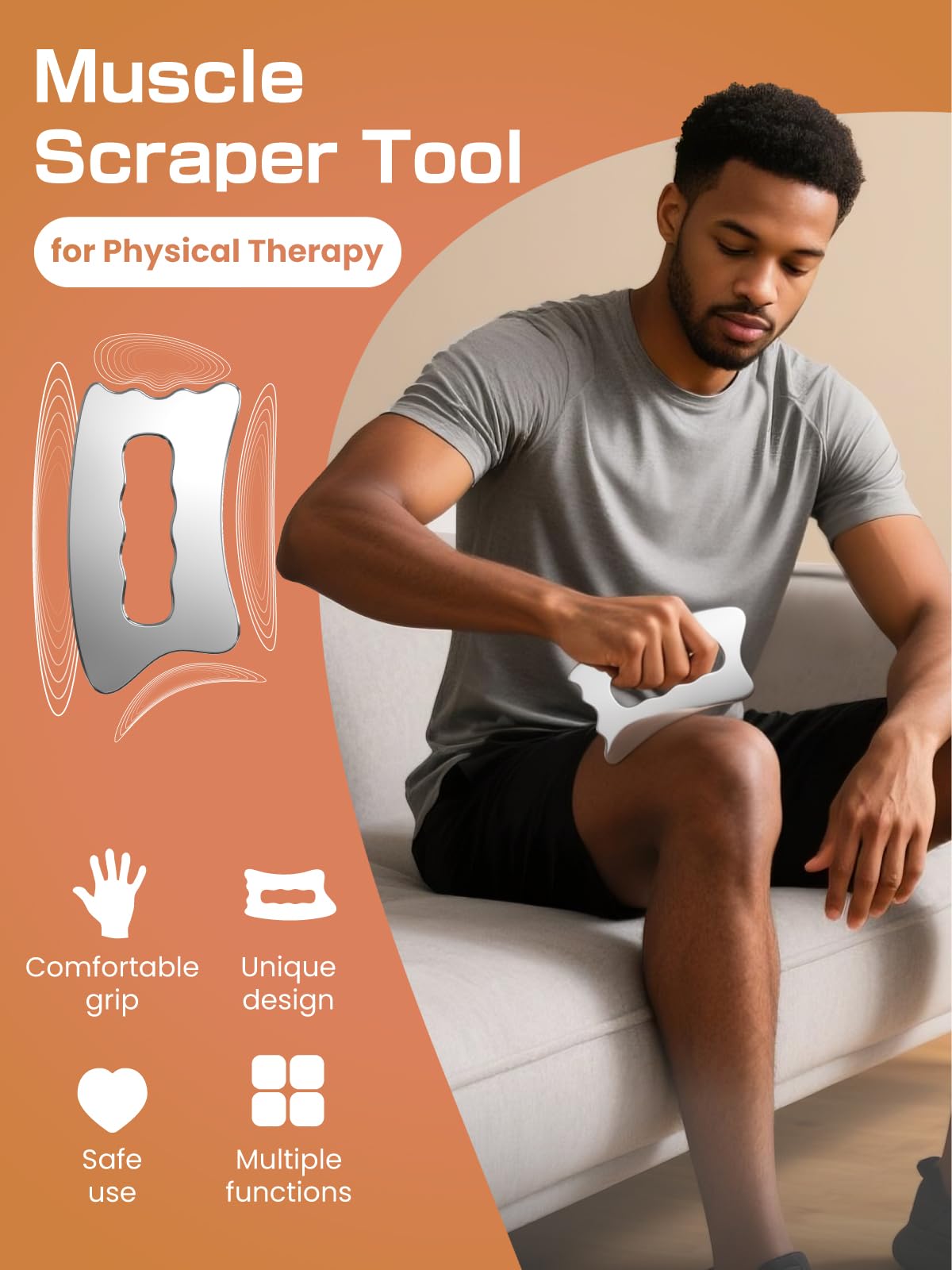 TOPhld muscle scraper tool side grip demonstrates ergonomic handling for precise muscle work.