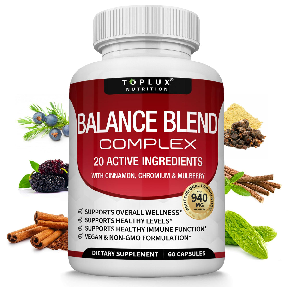 Toplux Balance bottle front for daily wellness with vegan capsules.