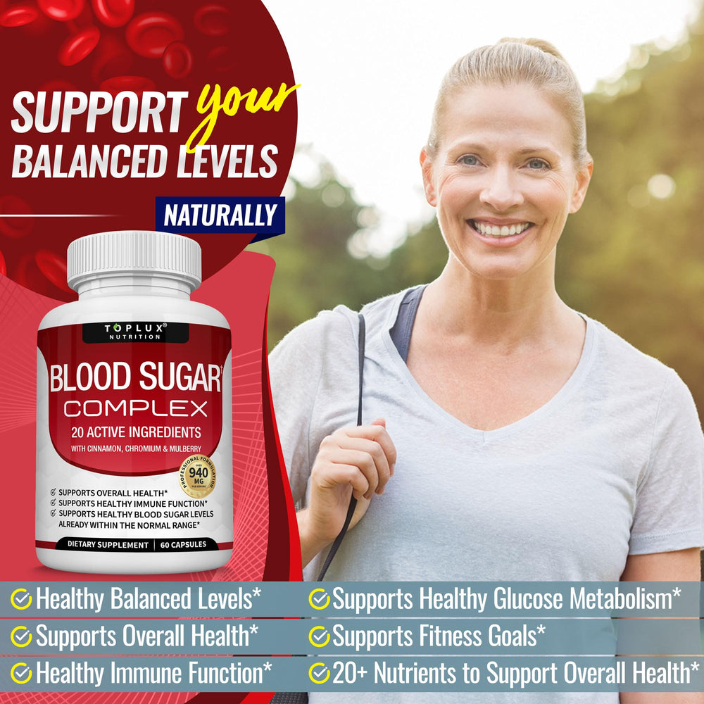 Toplux Blood Sugar Complex capsules ready to take for daily wellness.