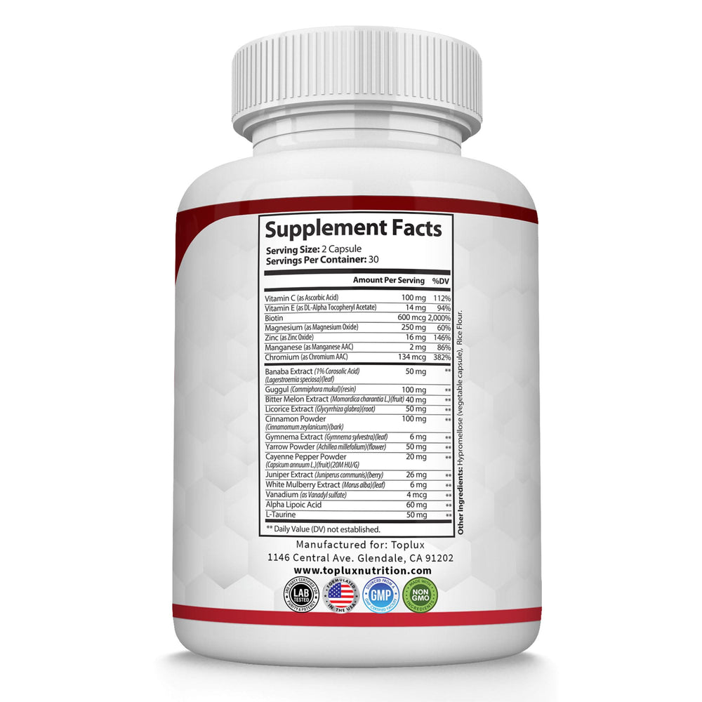 Toplux Blood Sugar Complex bitter melon ingredient signals natural balance.