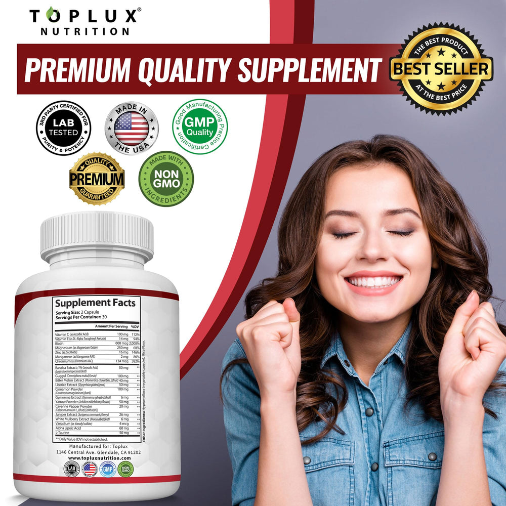 Toplux Blood Sugar Complex mulberry ingredient signals plant-based wellness.