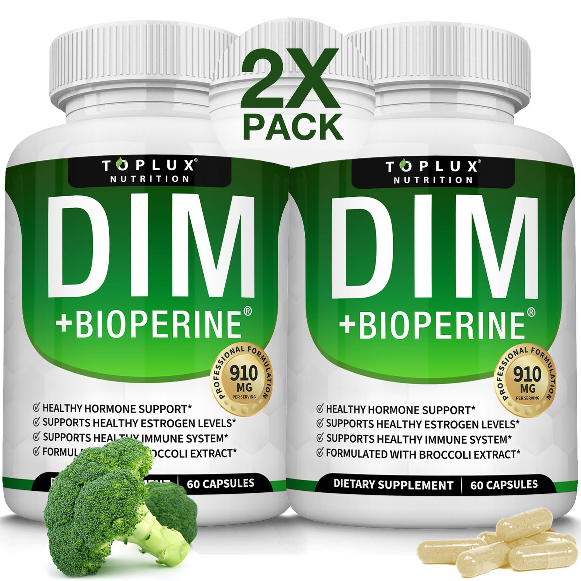 Toplux DIM 910mg bottle for daily hormone-support supplementation.