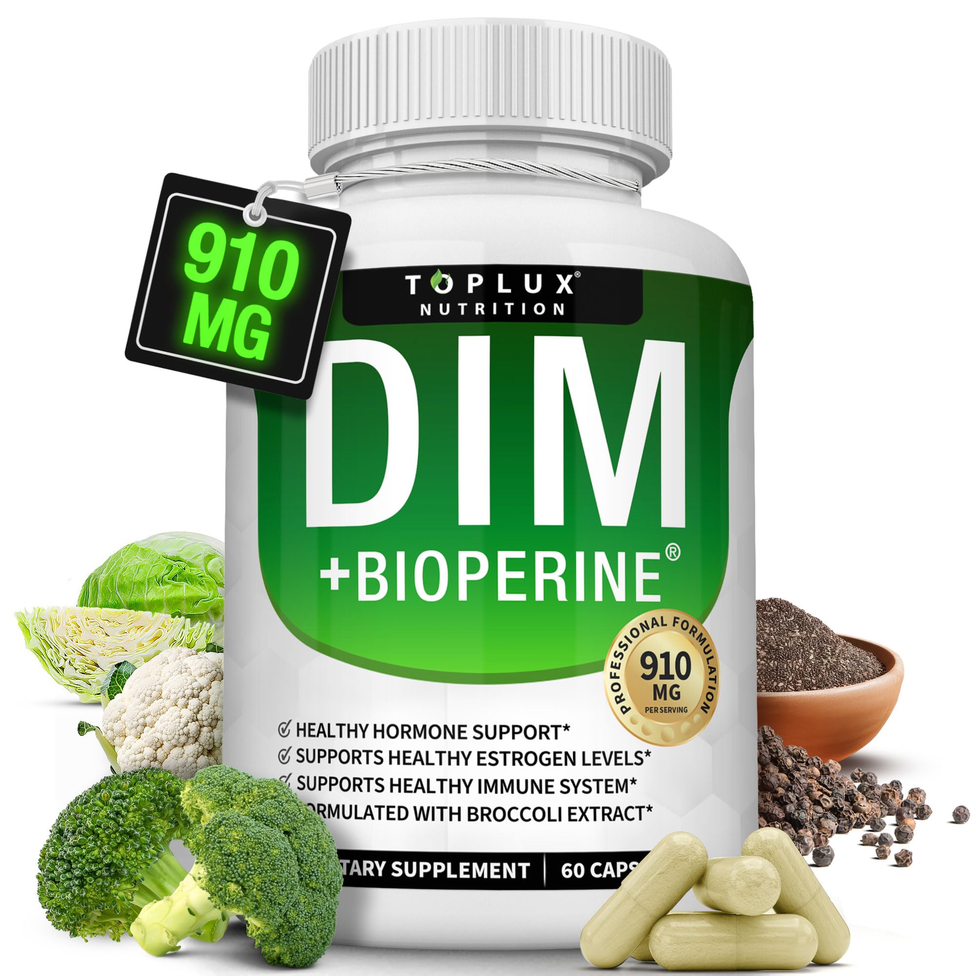 Toplux DIM supplement bottle shows natural ingredients for hormone balance support.