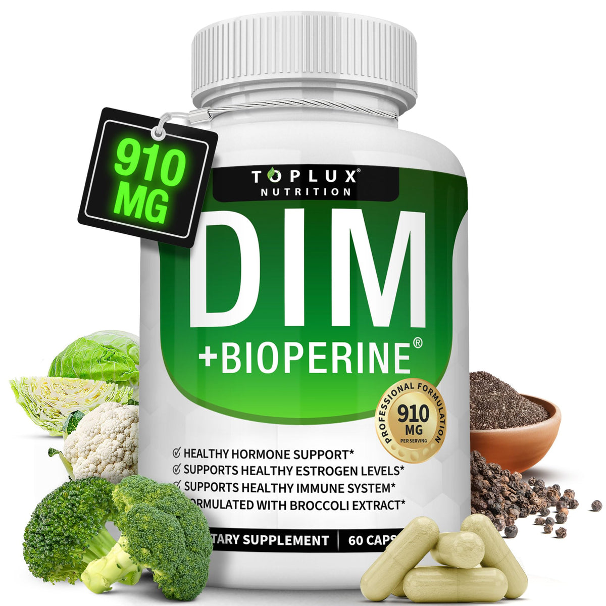 Toplux DIM supplement bottle shows natural ingredients for hormone balance support.