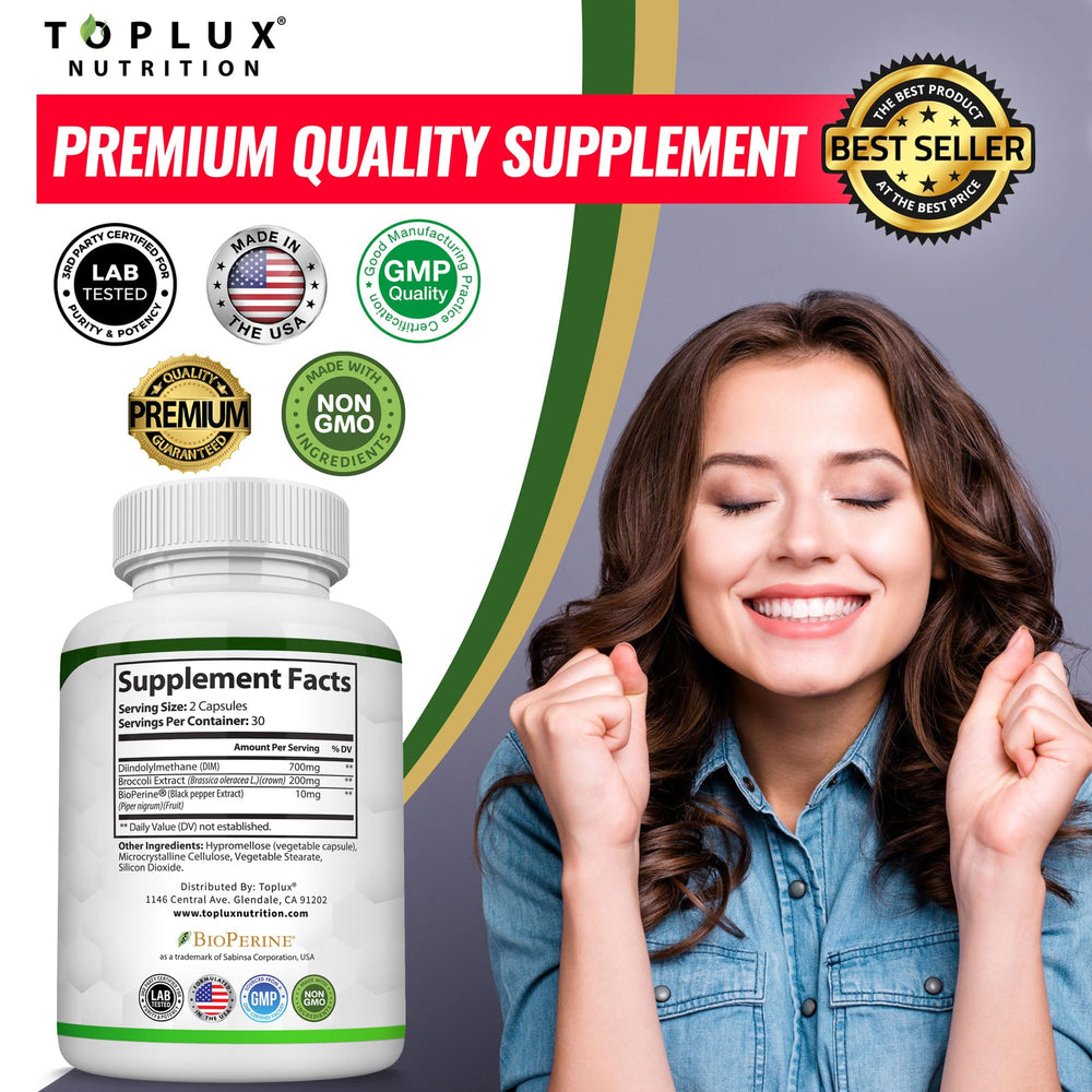 Toplux DIM dosage guide image illustrates 910 mg per serving.