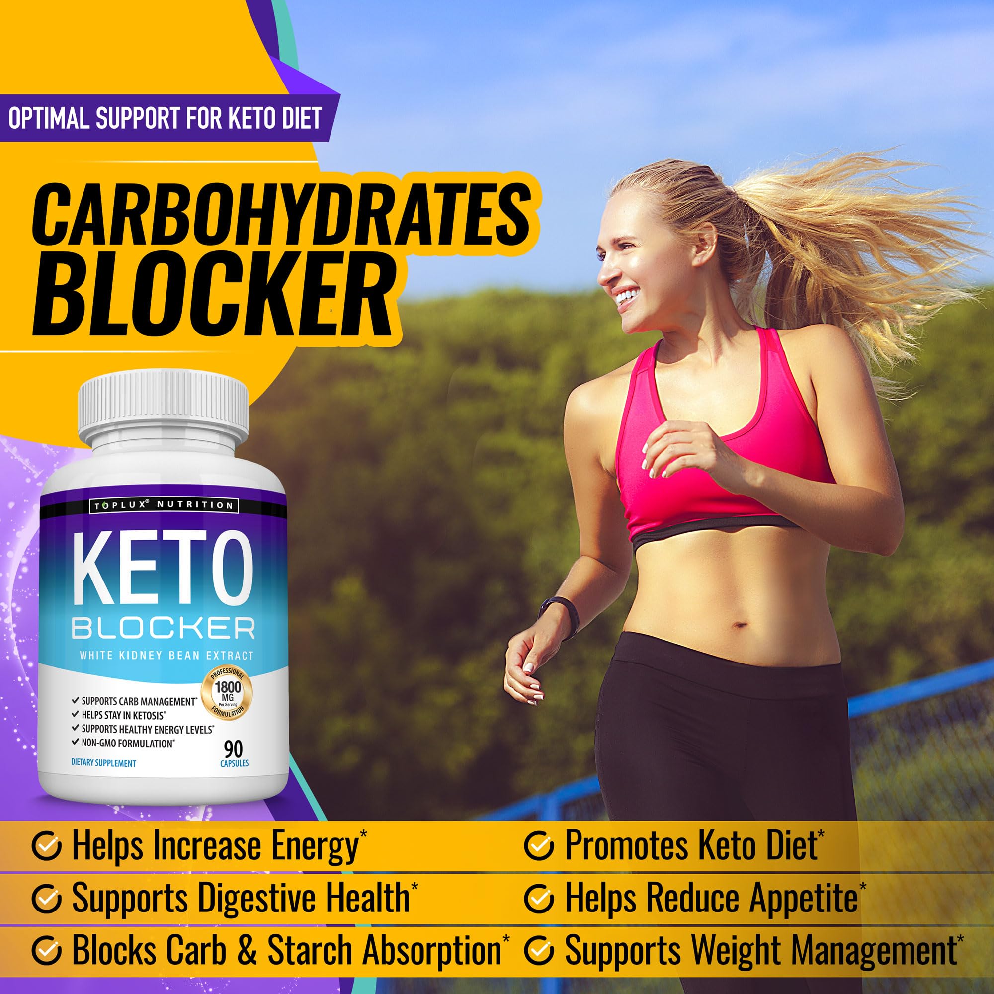 Toplux Keto Blocker label front emphasizes USA GMP quality and natural formula.