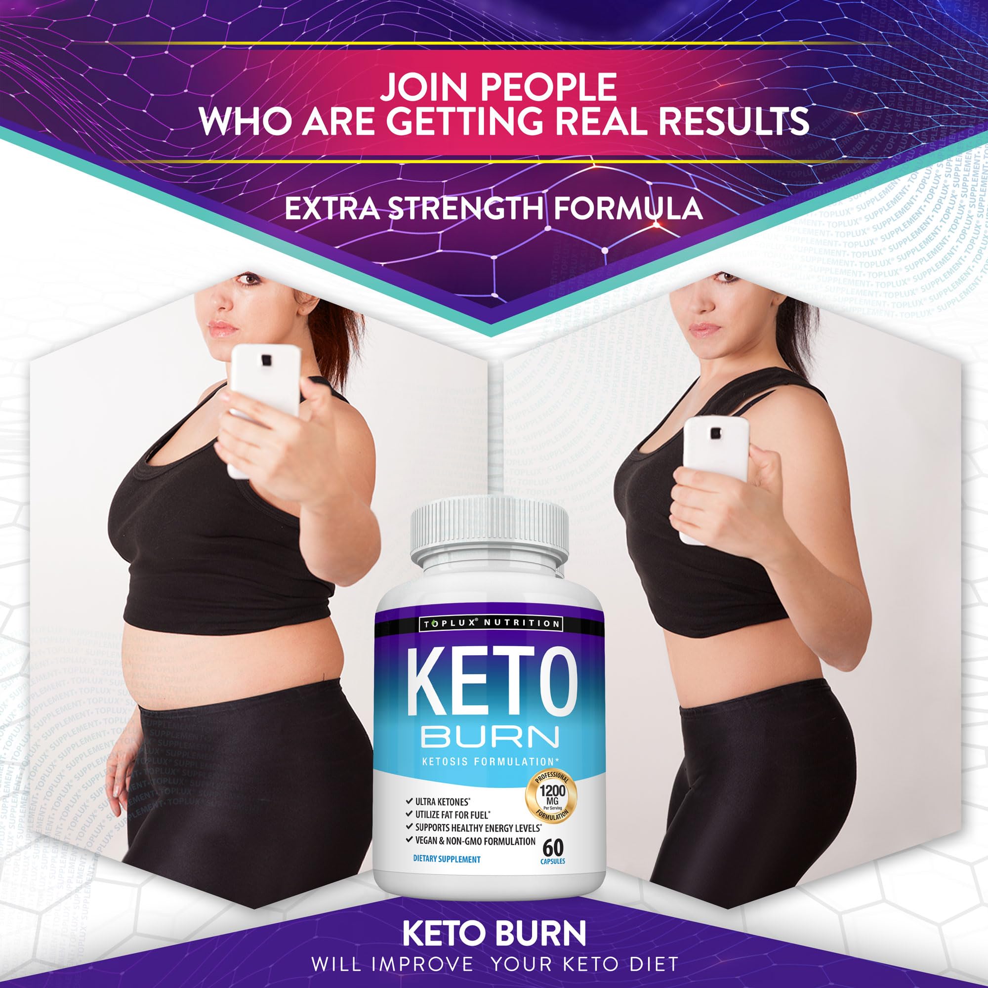 Toplux Keto Burn Pills capsules close-up suitable for energy during workouts