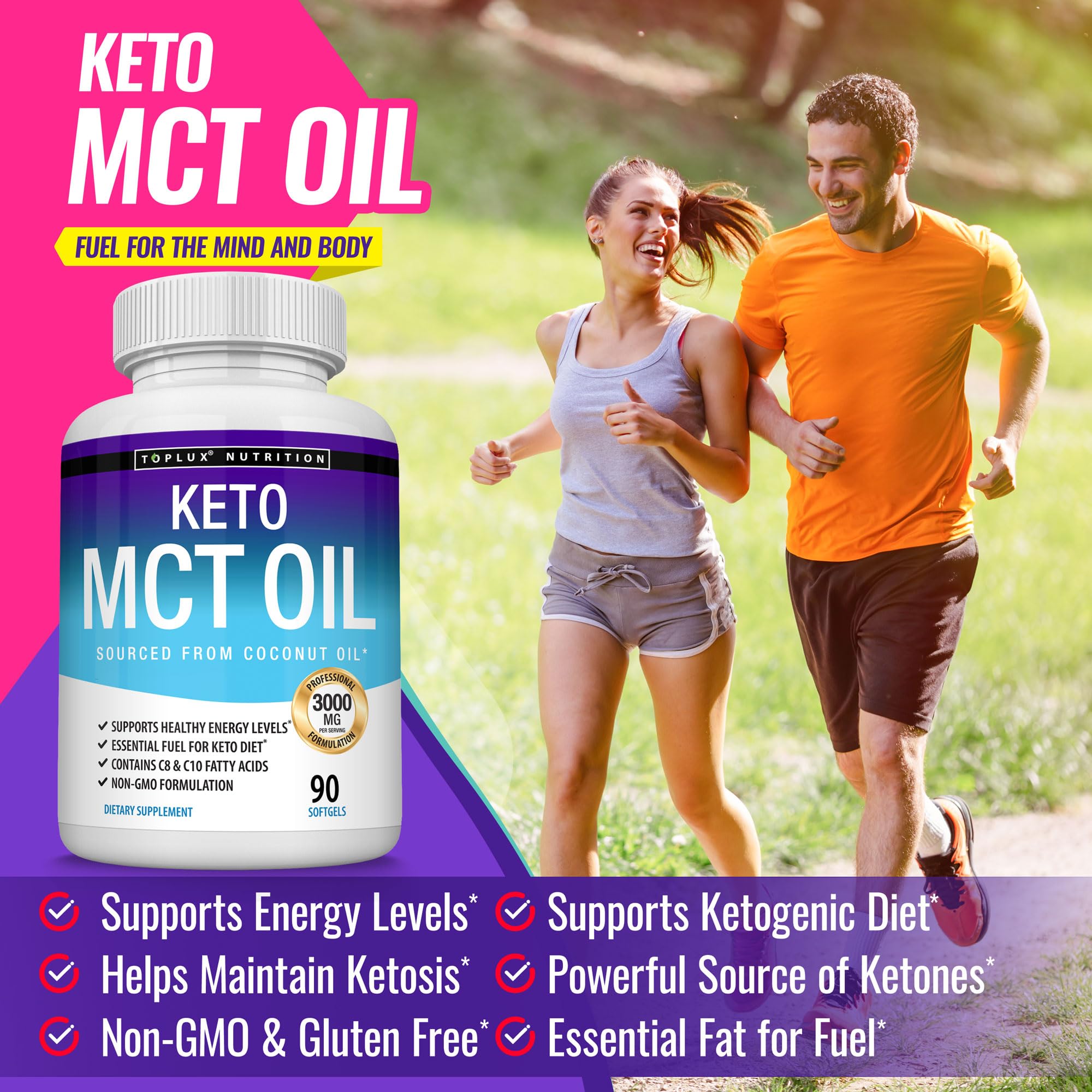 Toplux Keto MCT bottle label highlights coconut-derived MCTs