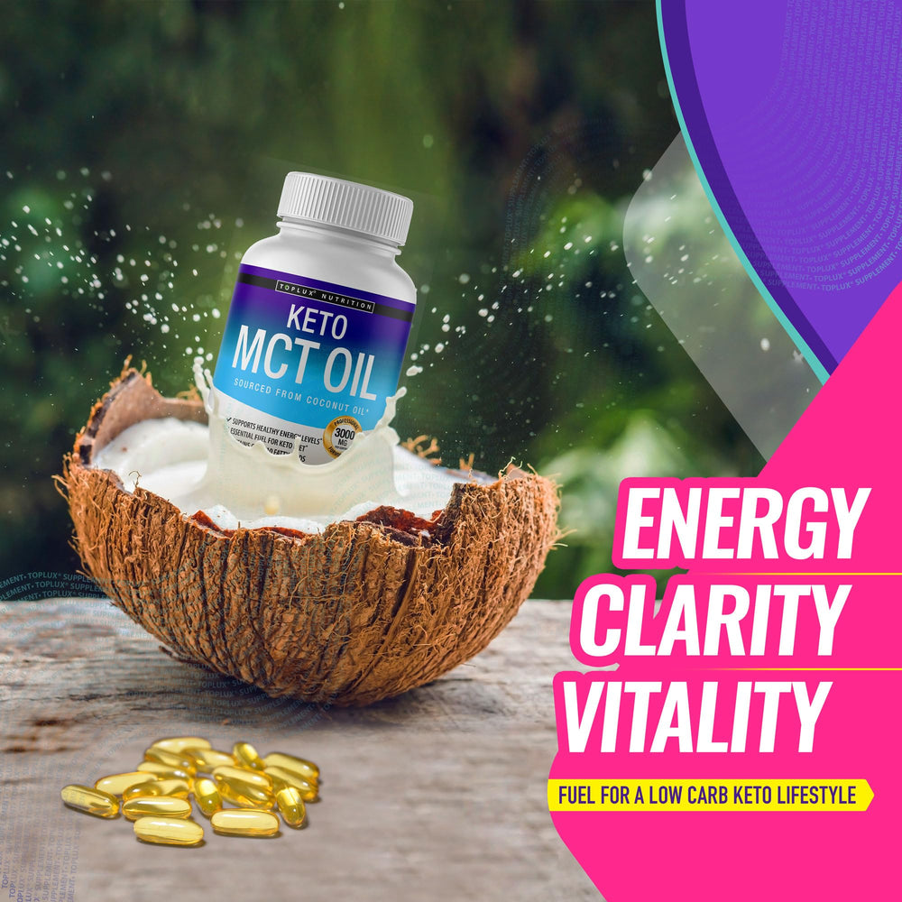 Toplux Keto MCT softgels on a gym bag for on-the-go energy
