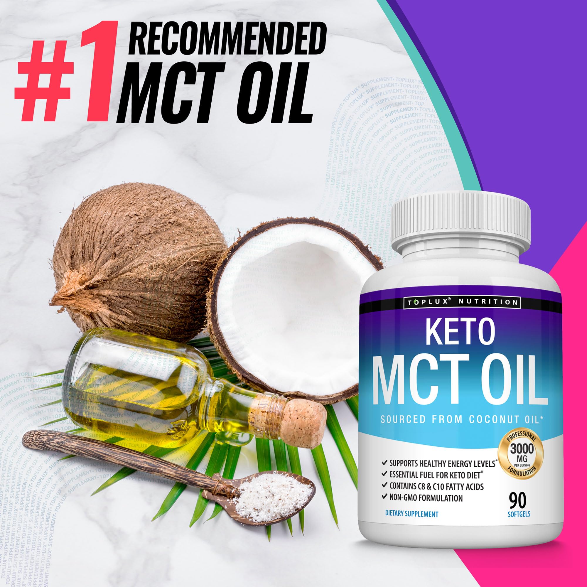 Toplux Keto MCT packaging with coconut imagery and quality cues