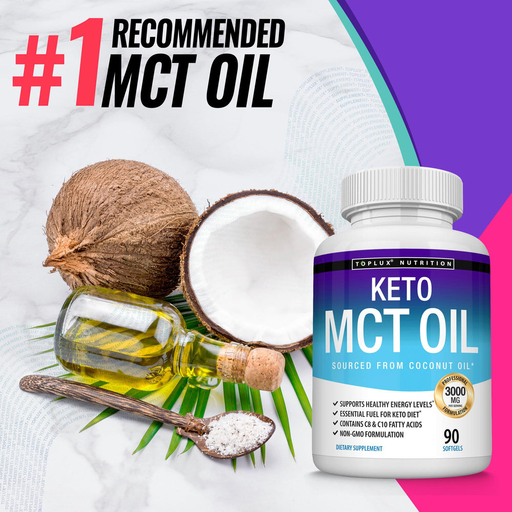 Toplux Keto MCT packaging with coconut imagery and quality cues
