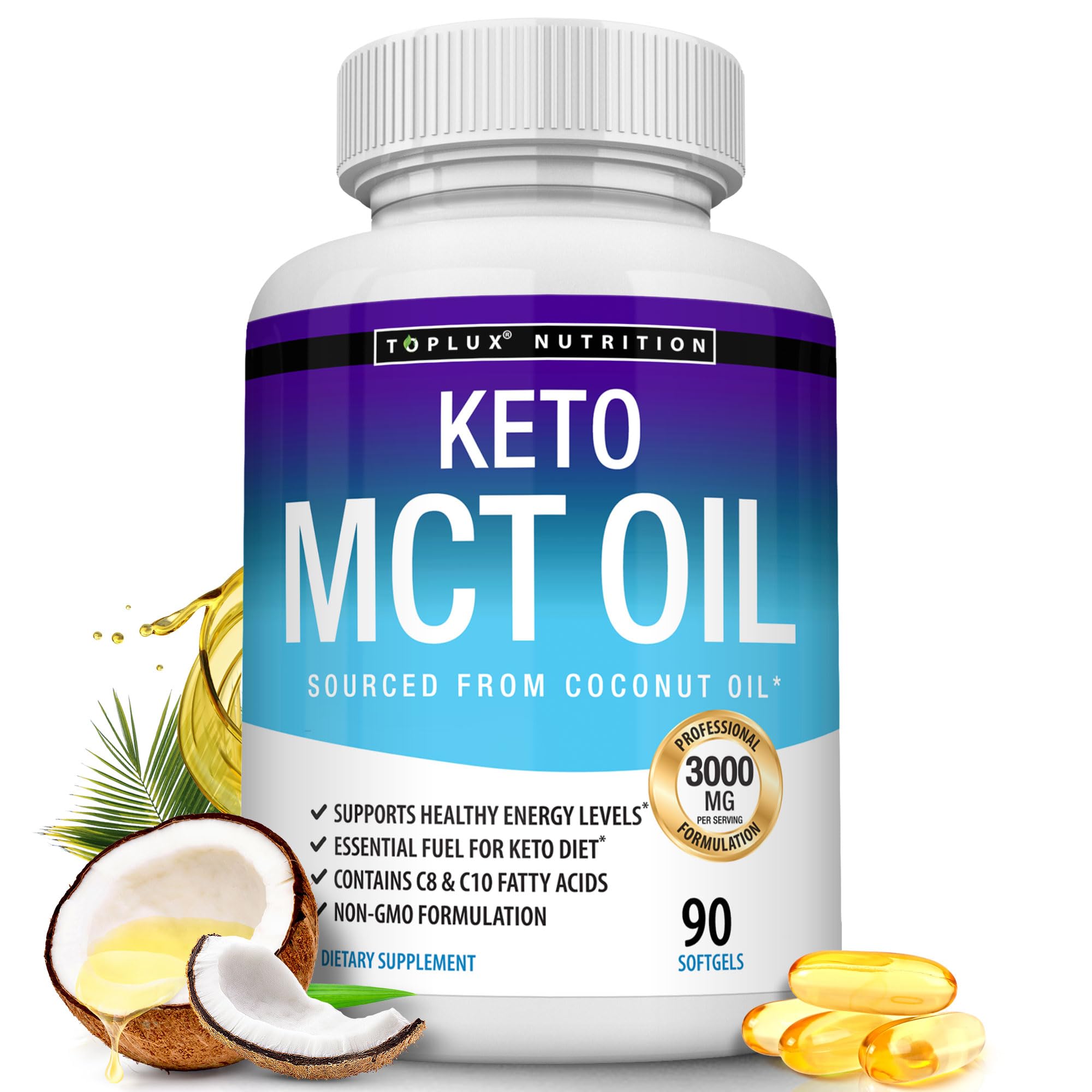 Toplux Keto MCT softgels bottle for convenient daily energy support