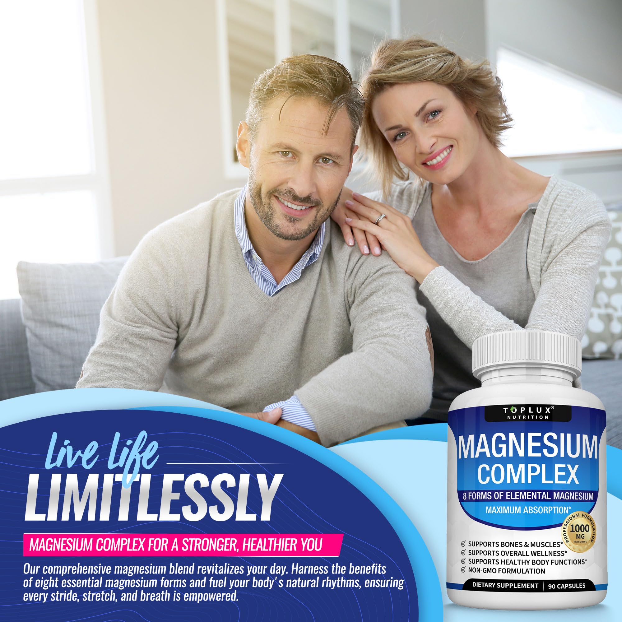 Toplux Magnesium Complex bottle cap highlighting convenient daily supplementation