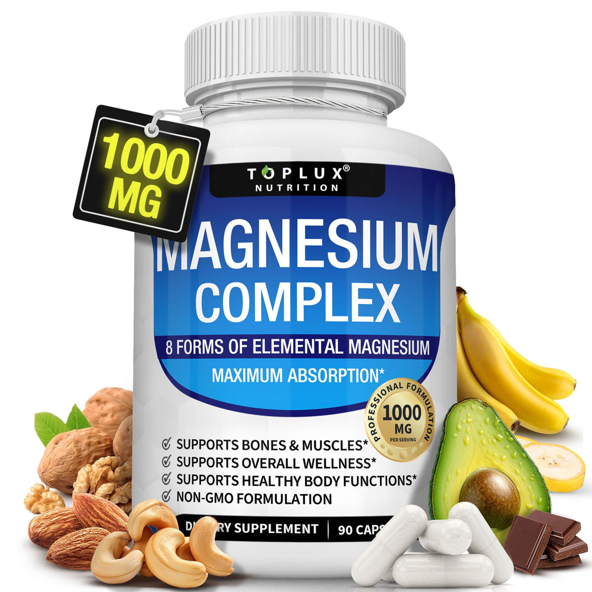 Toplux Magnesium Complex bottle label showing eight magnesium forms for absorption