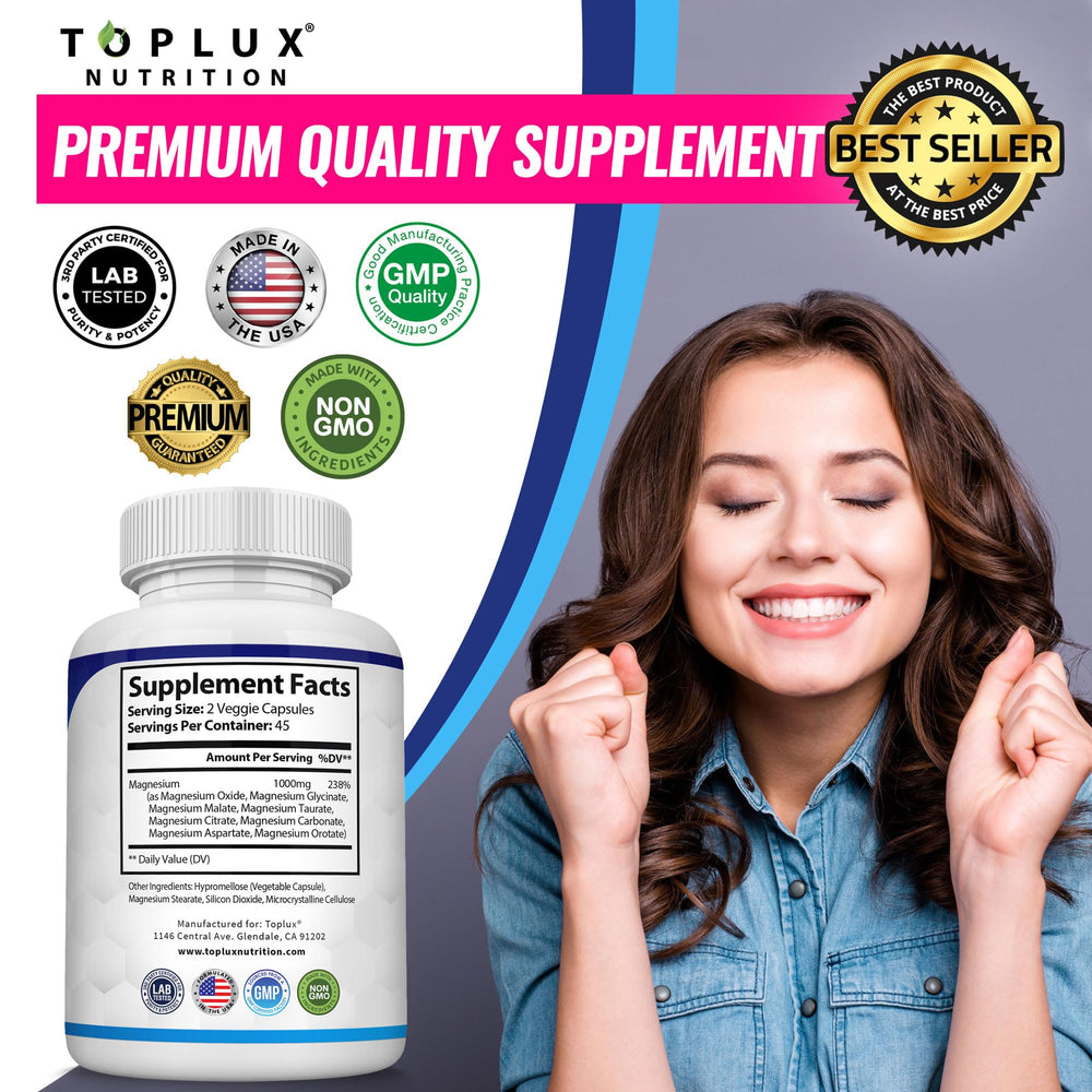 Toplux Magnesium Complex box display with 90 vegan capsules