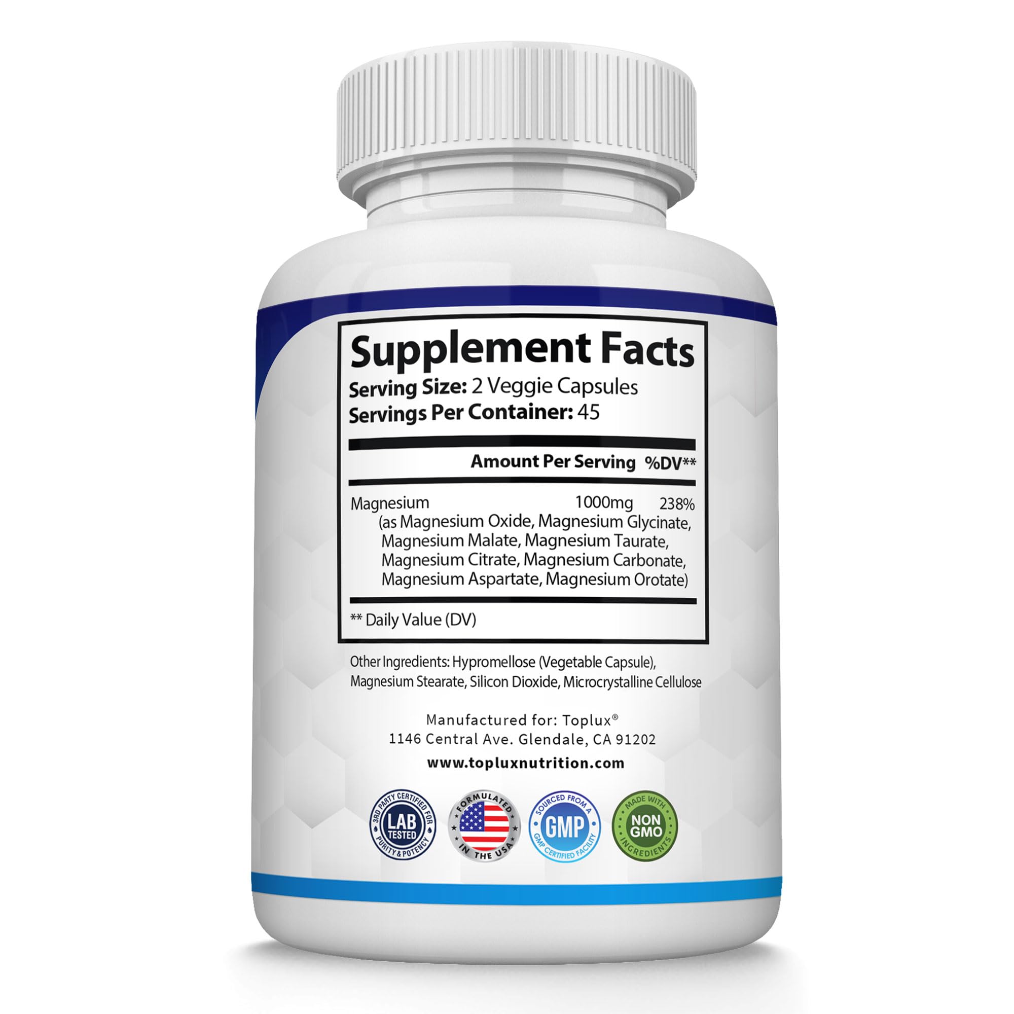 Toplux Magnesium Complex capsules poured into hand for easy dosage
