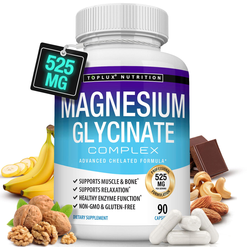 Toplux Magnesium Glycinate 525mg bottle showing high-absorption daily support.