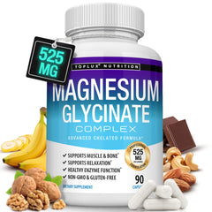 Toplux Magnesium Glycinate 525mg bottle showing high-absorption daily support.