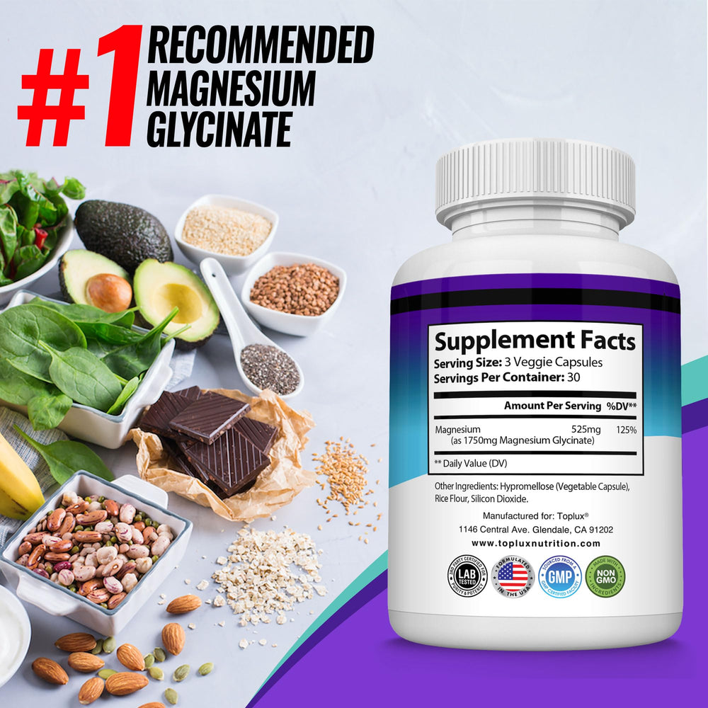 Toplux Magnesium Glycinate capsule close-up; may help leg cramps.