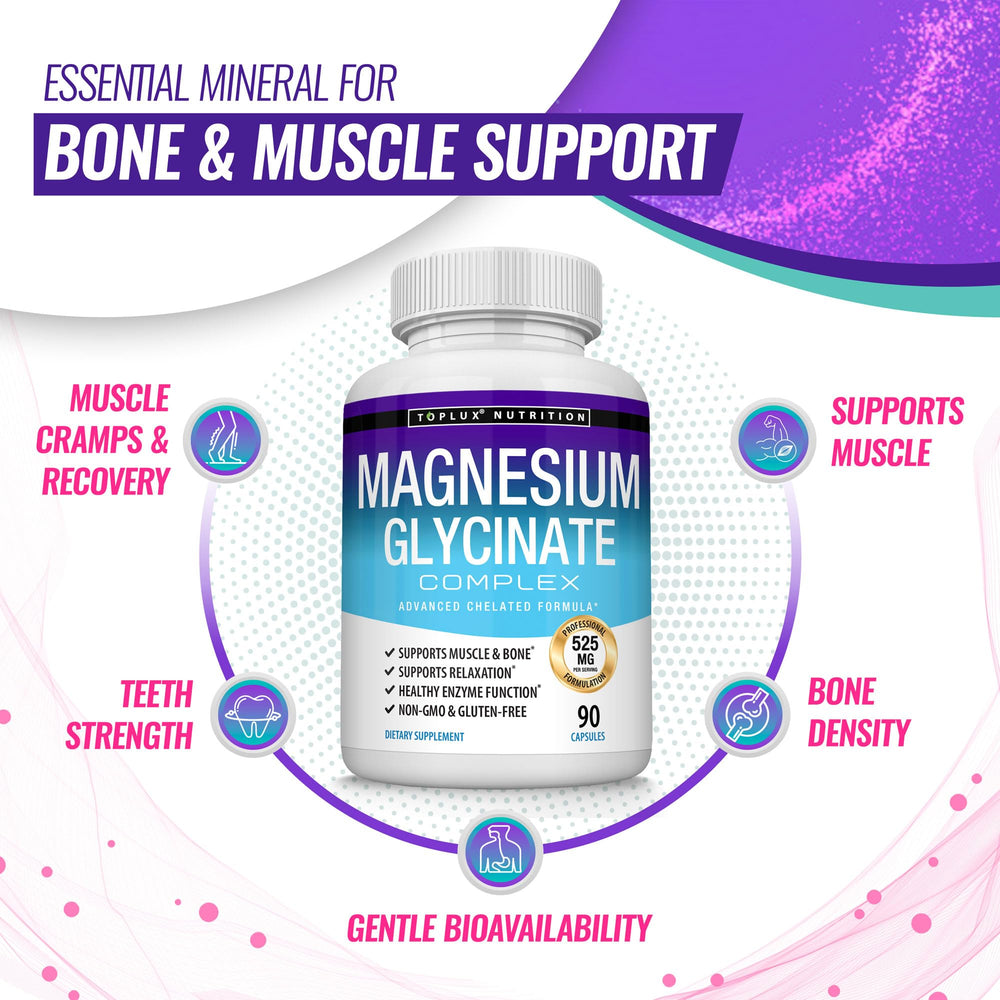Toplux Magnesium Glycinate capsules support muscle function and recovery.