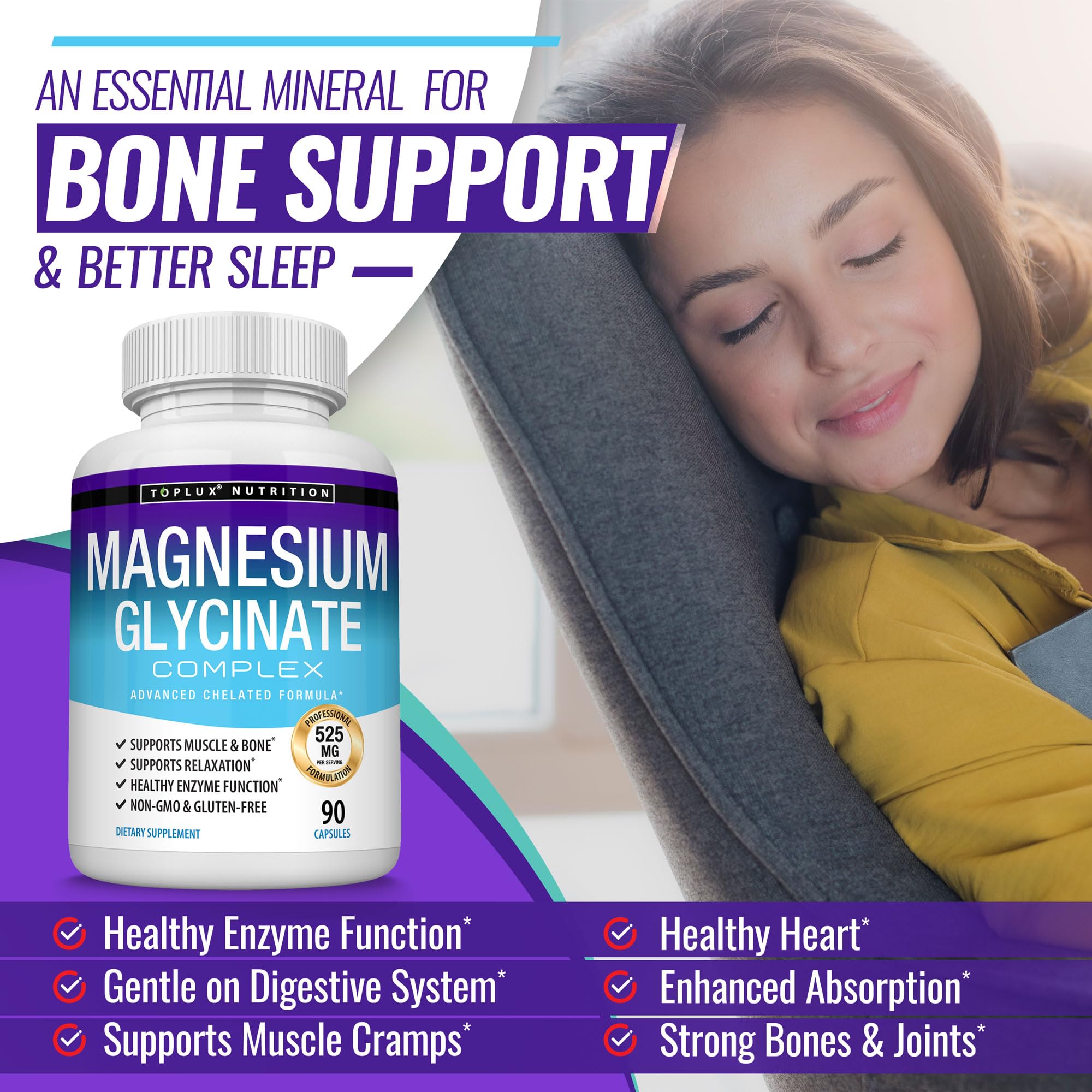 Toplux Magnesium Glycinate sleep-support capsules for restful nights.