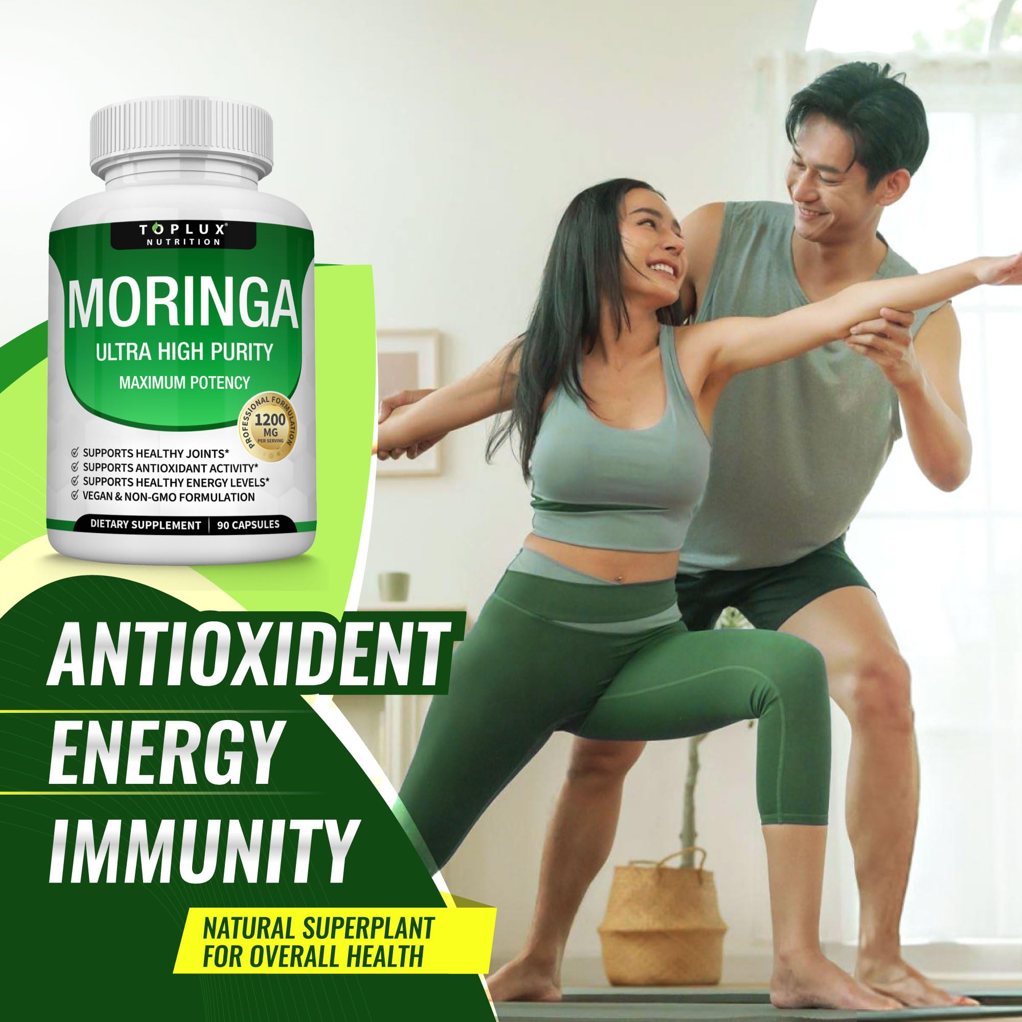 Toplux Moringa Bottle on shelf ready for daily immune and skin support