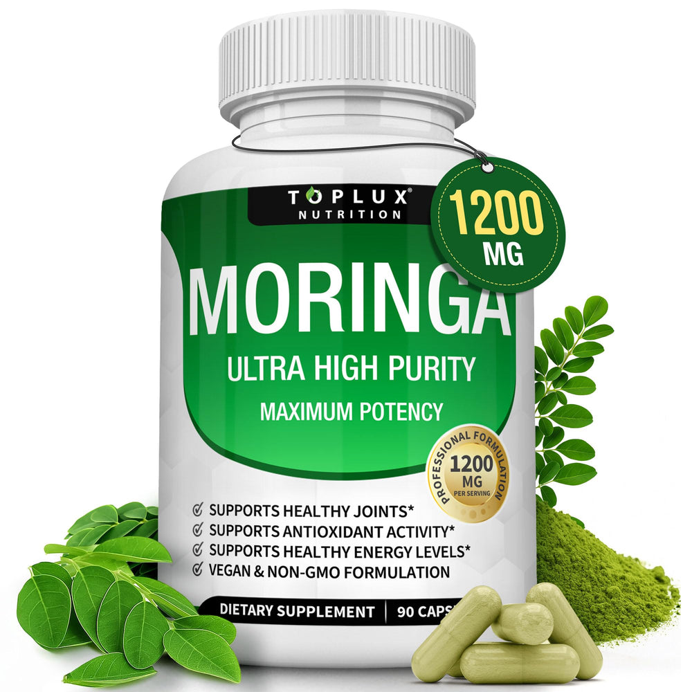 Toplux Moringa Capsules bottle shows 1200mg daily serving for energy support