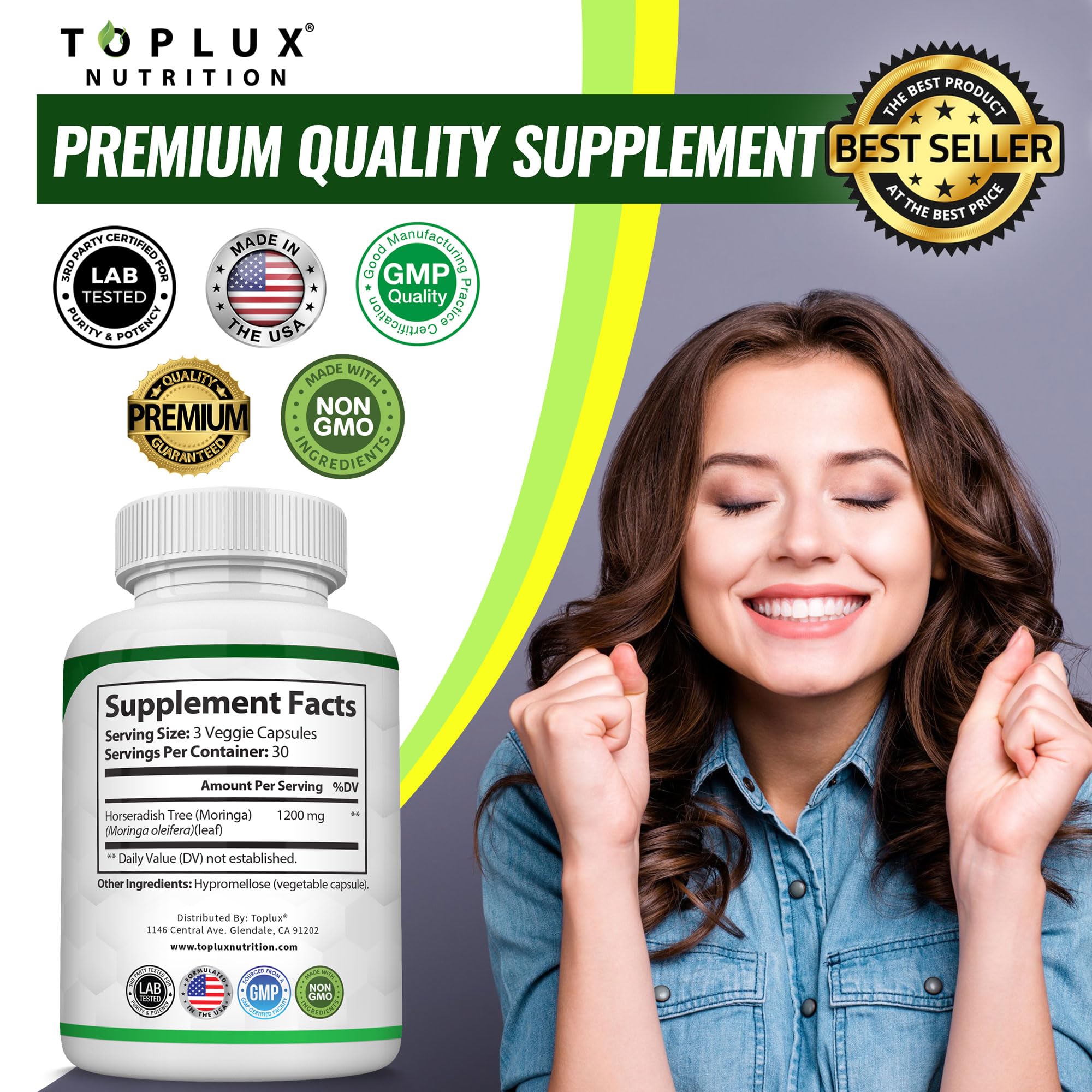 Toplux Moringa Capsules close-up reveals glossy capsules and plant-based nourishment