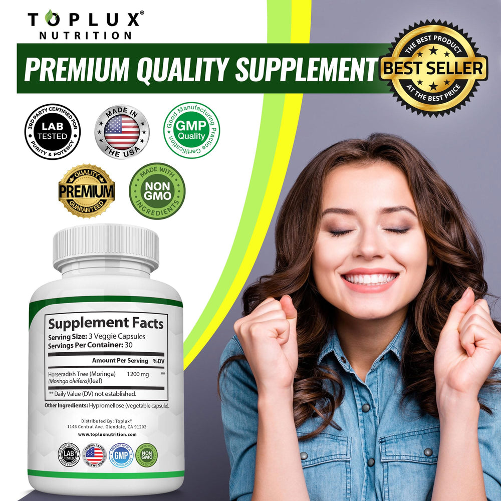 Toplux Moringa Capsules close-up reveals glossy capsules and plant-based nourishment