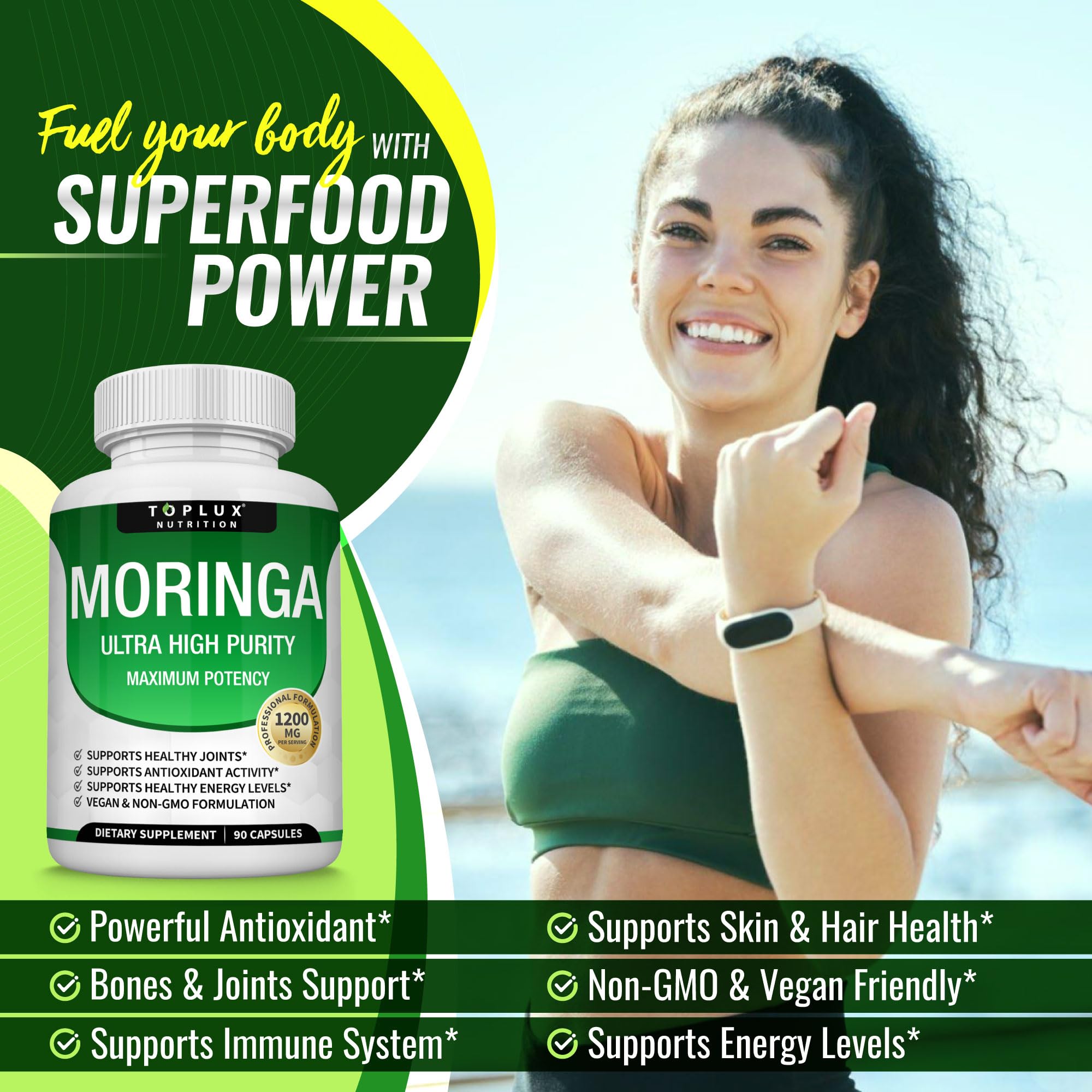 Toplux Moringa Capsules inside view highlights easy-to-swallow capsules