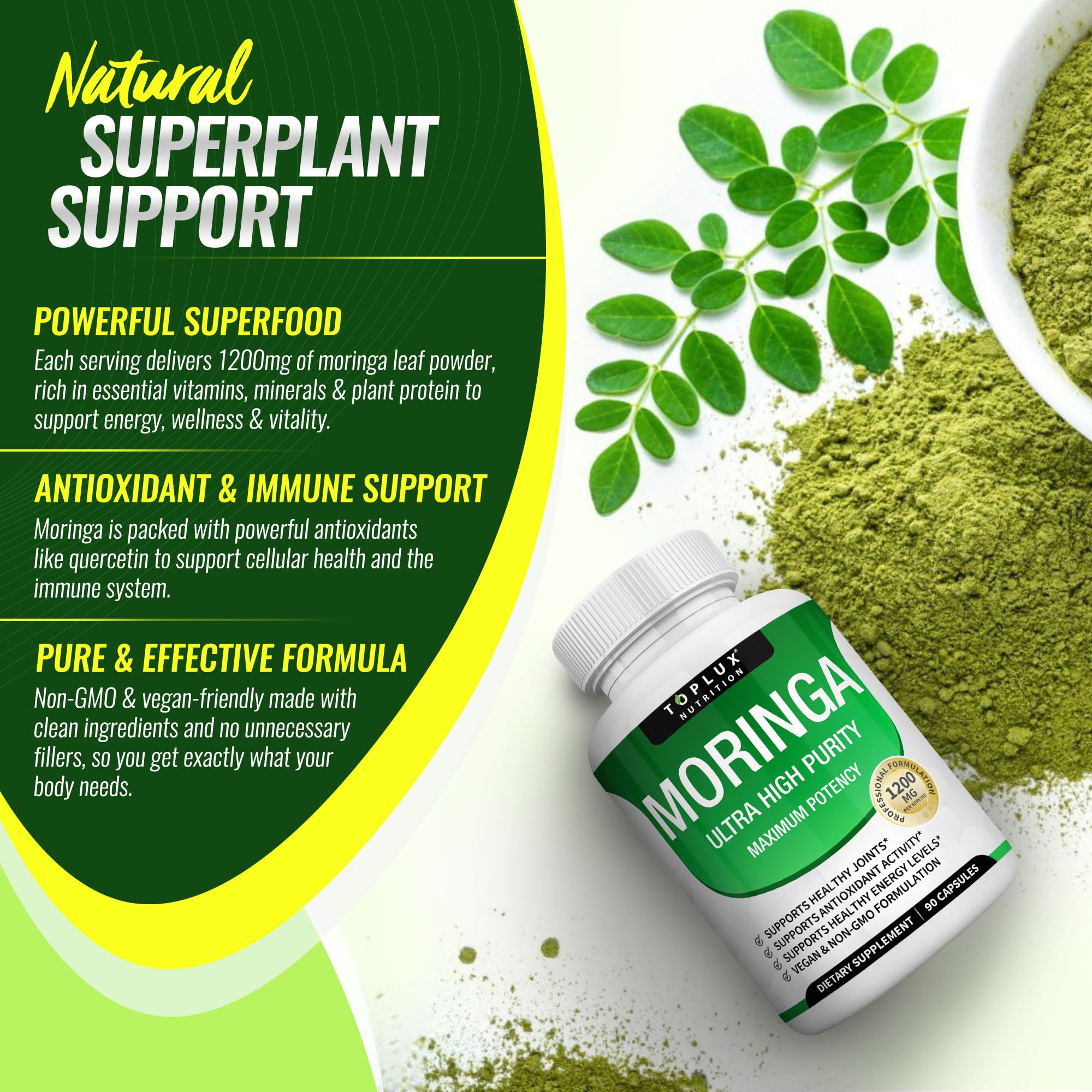 Toplux Moringa Powder green superfood image emphasizes antioxidant-rich leaf powder