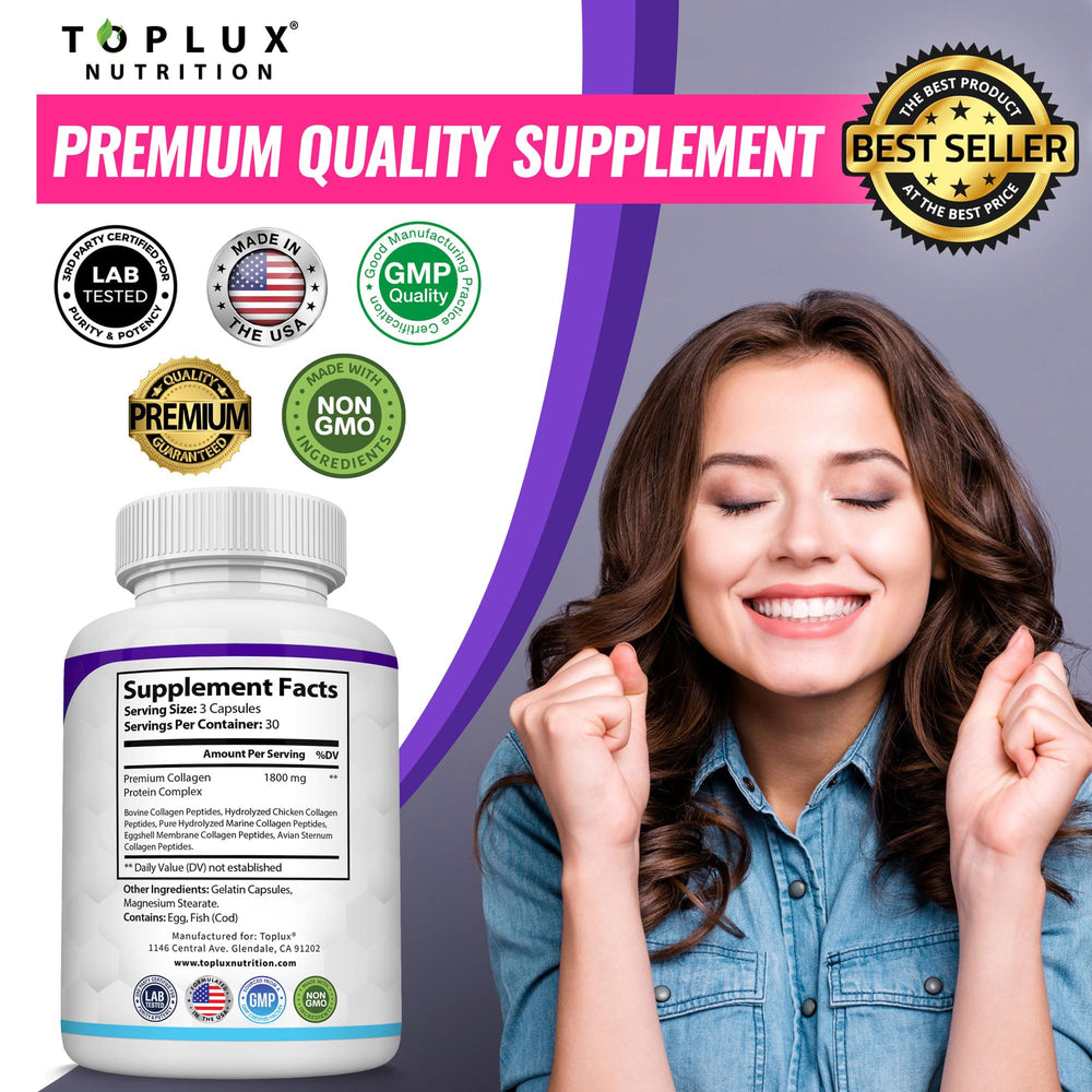 Toplux multi collagen ingredients showing five collagen types for tissue health.