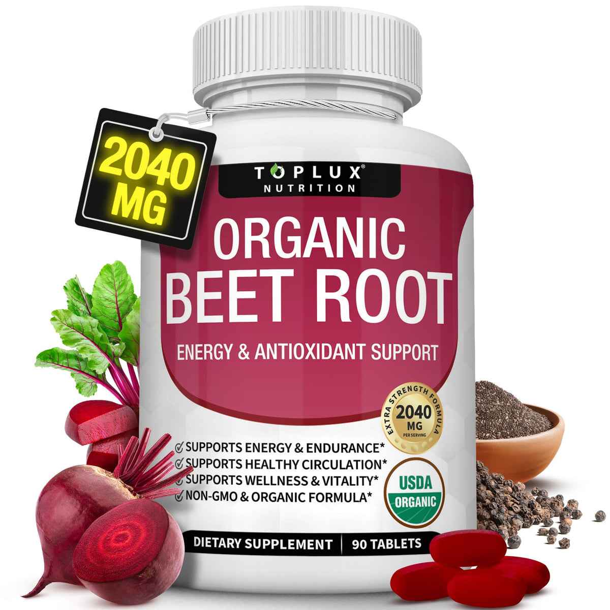 Toplux Organic Beet Root Tablets bottle, high-potency daily energy support