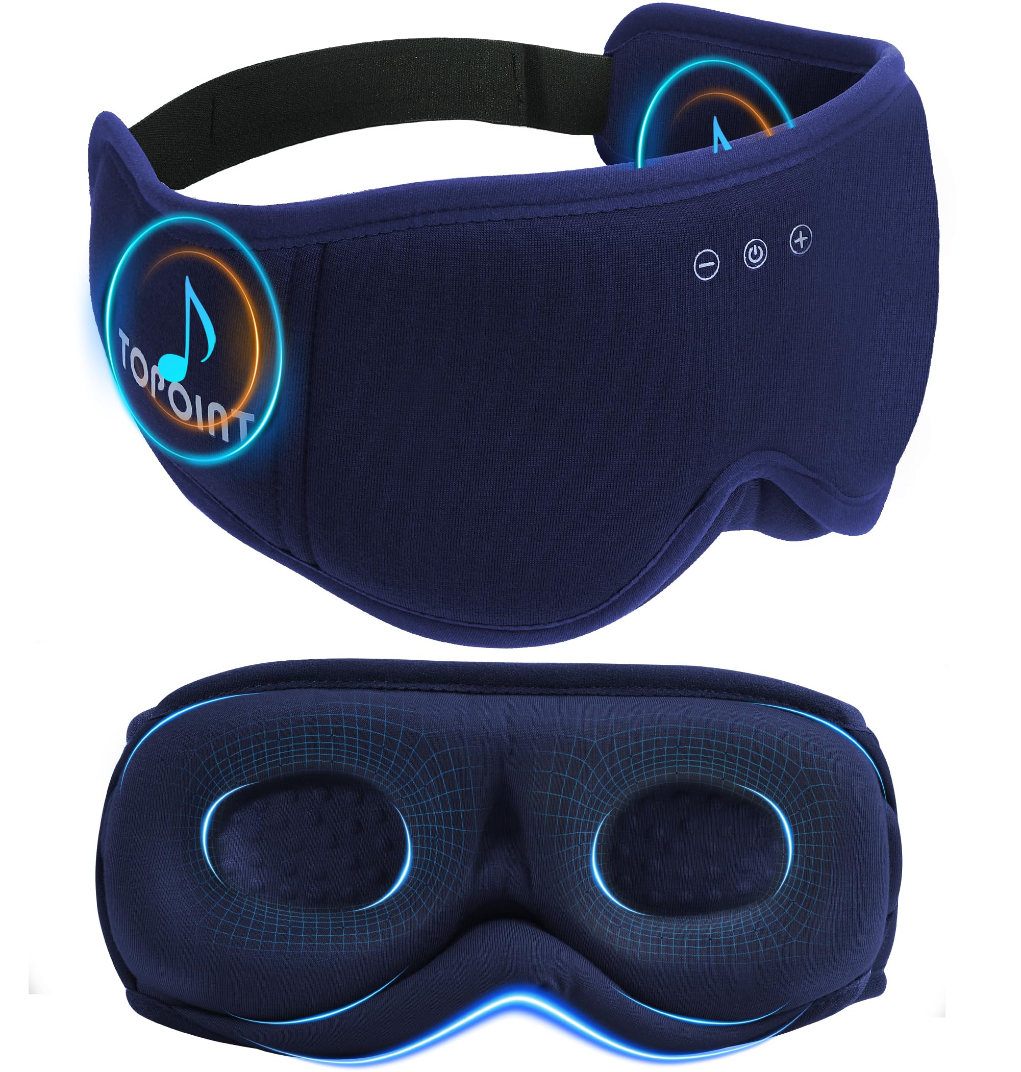 TOPOINT sleep mask with Bluetooth headphones image showing the black-out design for travel and rest