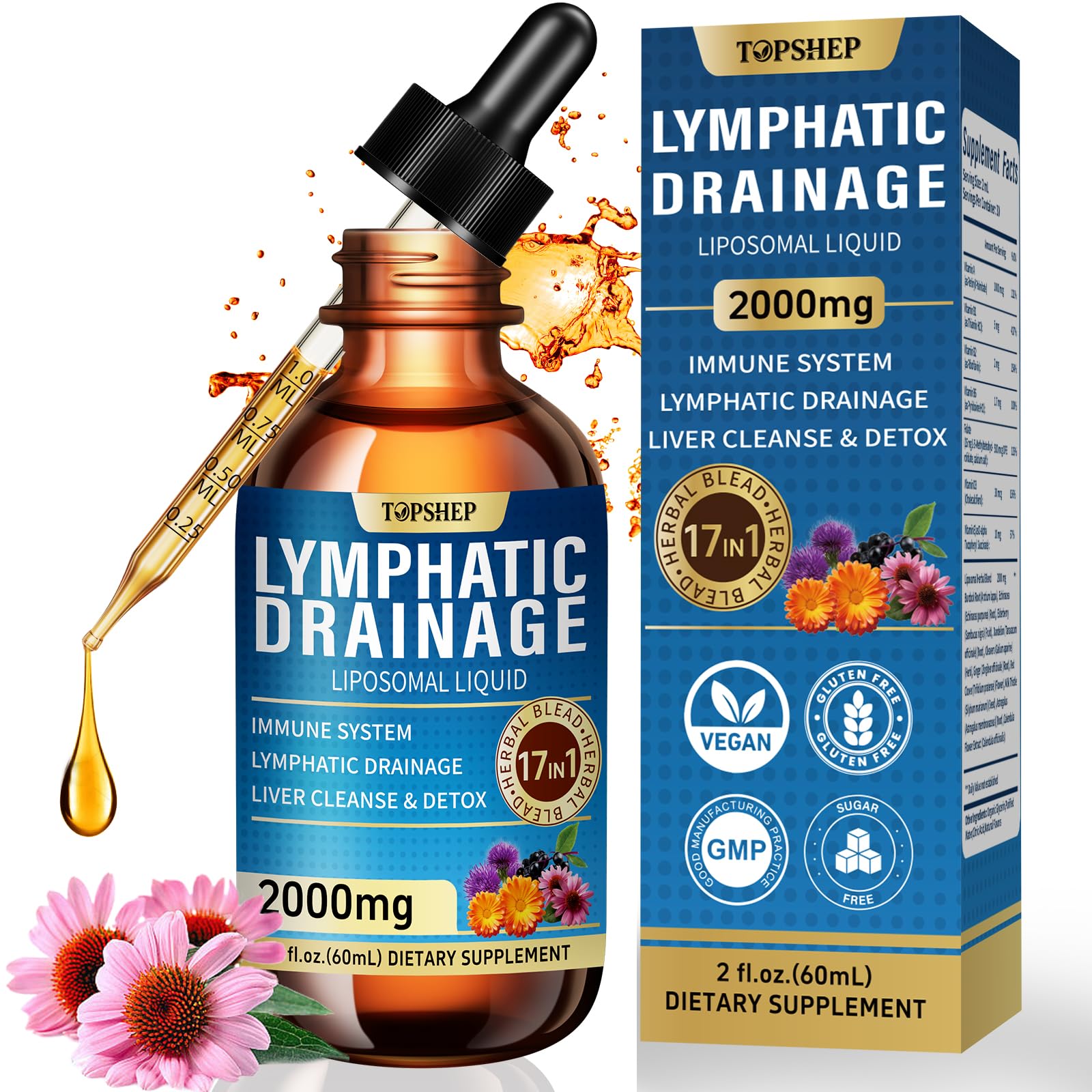 TOPSHEP Liposomal Lymphatic Drainage Drops bottle with dropper for smooth, easy dosing.