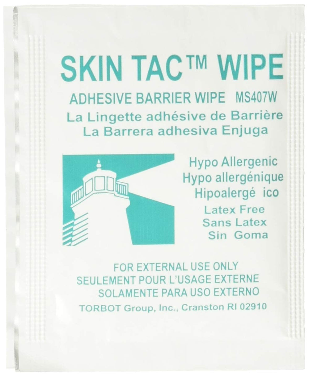 Torbot Skin-Tac-H barrier wipes box showing clear, latex-free adhesion barrier for skin.