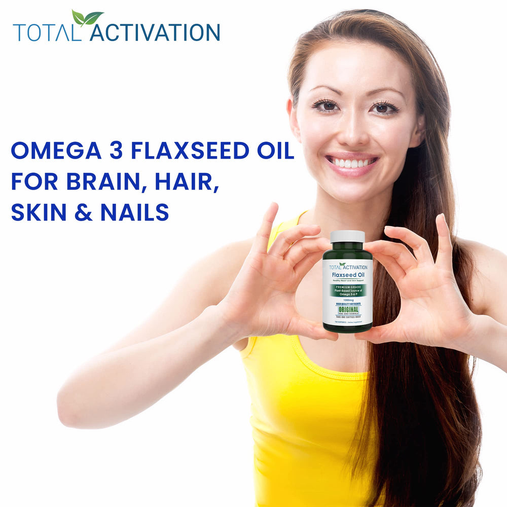 Total Activation flaxseed oil ingredients label emphasizing non-GMO gluten-free formula