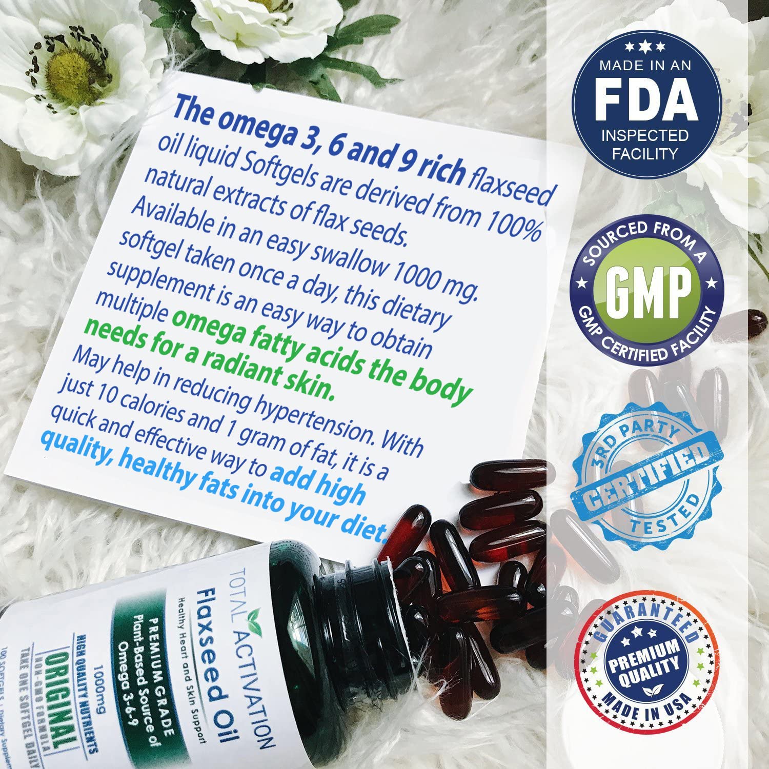 Total Activation flaxseed oil softgels packaging highlighting vegan omega source