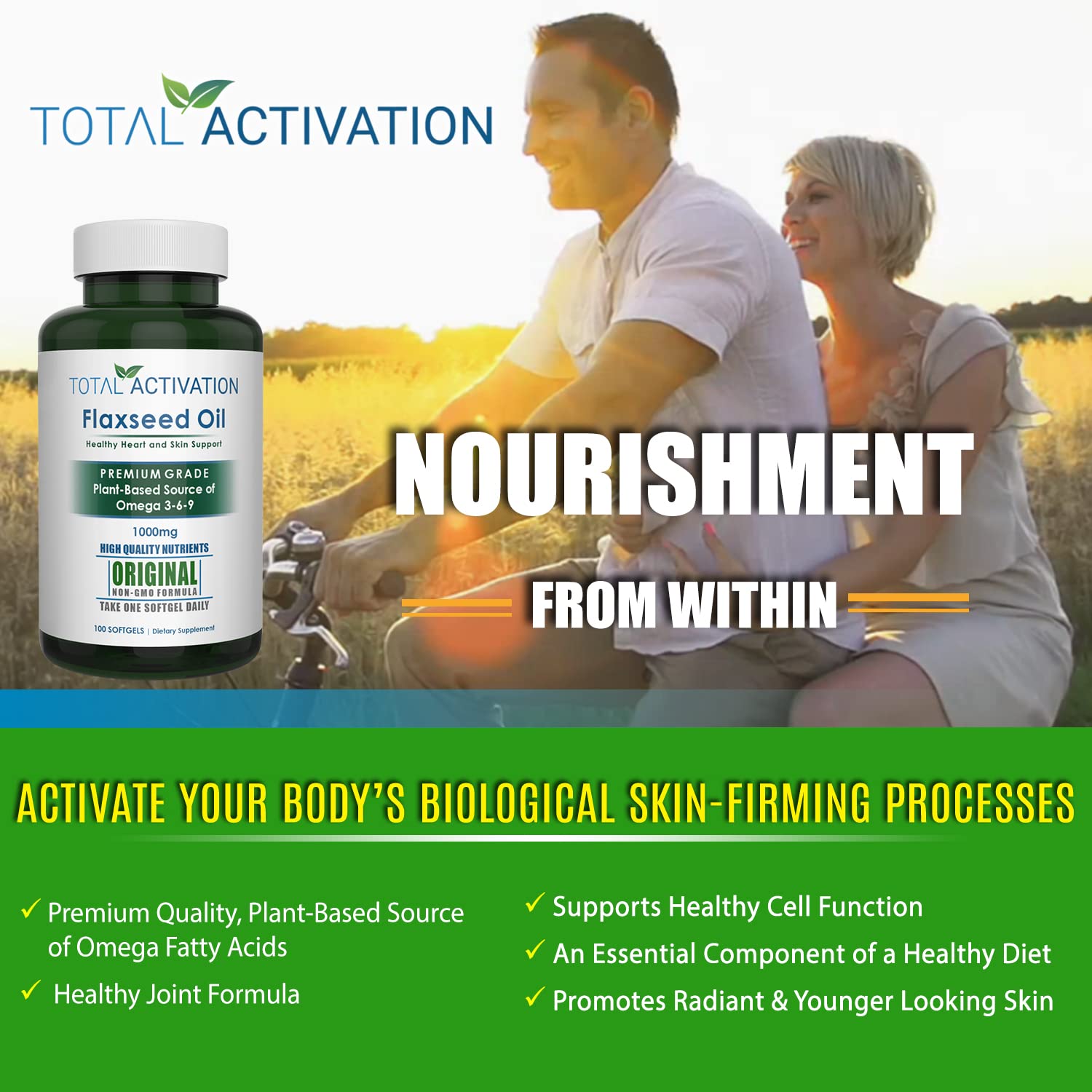 Total Activation flaxseed oil softgels pour scene suggesting burp-free convenience