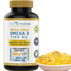 Total Activation Omega-3 fish oil bottle with burpless softgels for easy digestion.