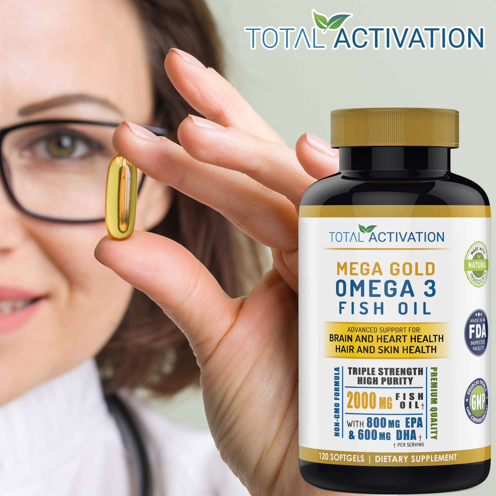 Total Activation Omega-3 packaging beside a standard vitamin bottle.