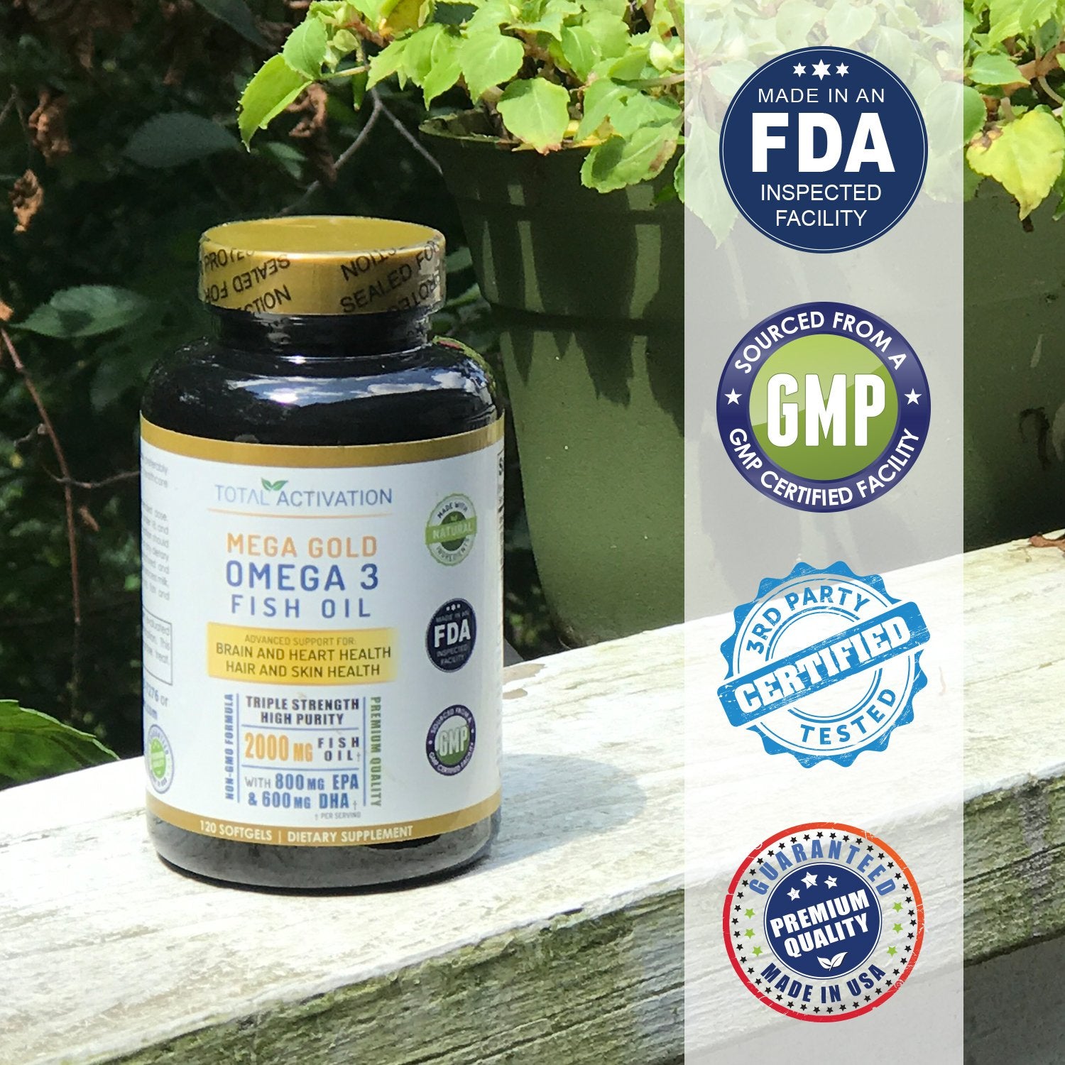 Total Activation Omega-3 bottle shown with Vitamin E on the label.
