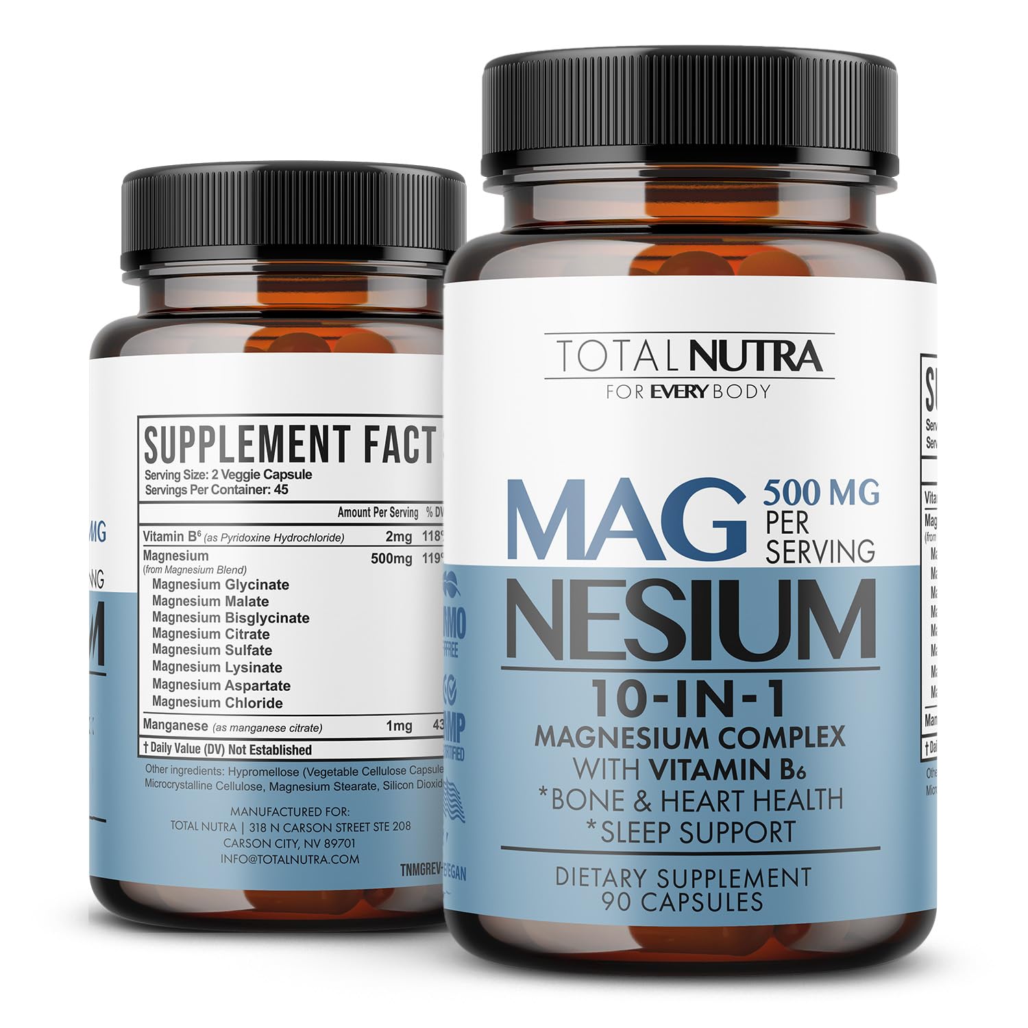 Total Nutra 10-in-1 magnesium bottle highlights a complete daily formula.